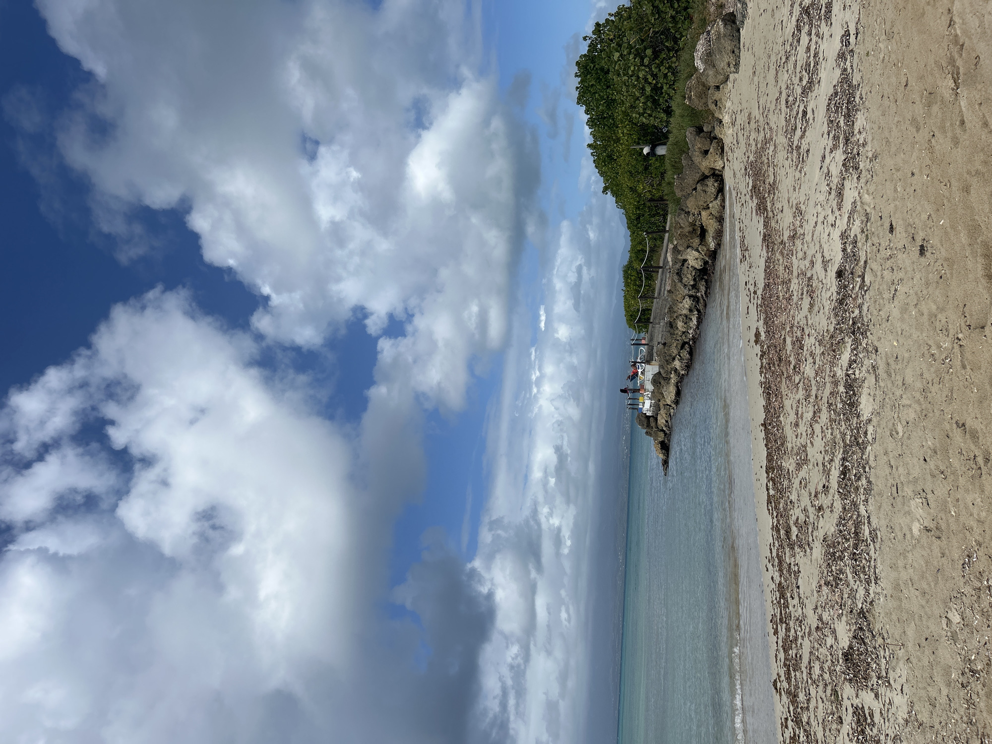 This is a medium shot of a beach on a partially cloudy day in Le Gosier, France. The beach has a rock seawall and the beach has a fair amount of washed-up seaweed. People are visible on the seawall.