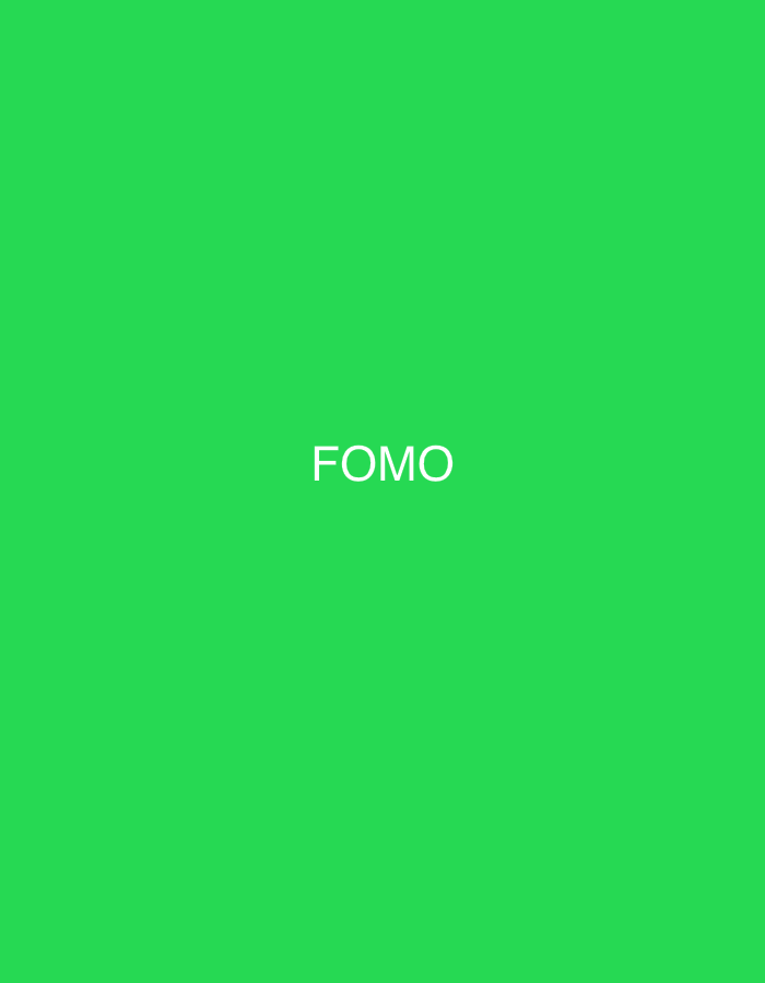 A bright green background fills the image, with the word "FOMO" centered and written in white sans-serif font. The text is clear and easily readable against the vibrant backdrop. There are no other objects or people present in the image. This image does not contain any information about the city of Shumen, Bulgaria.