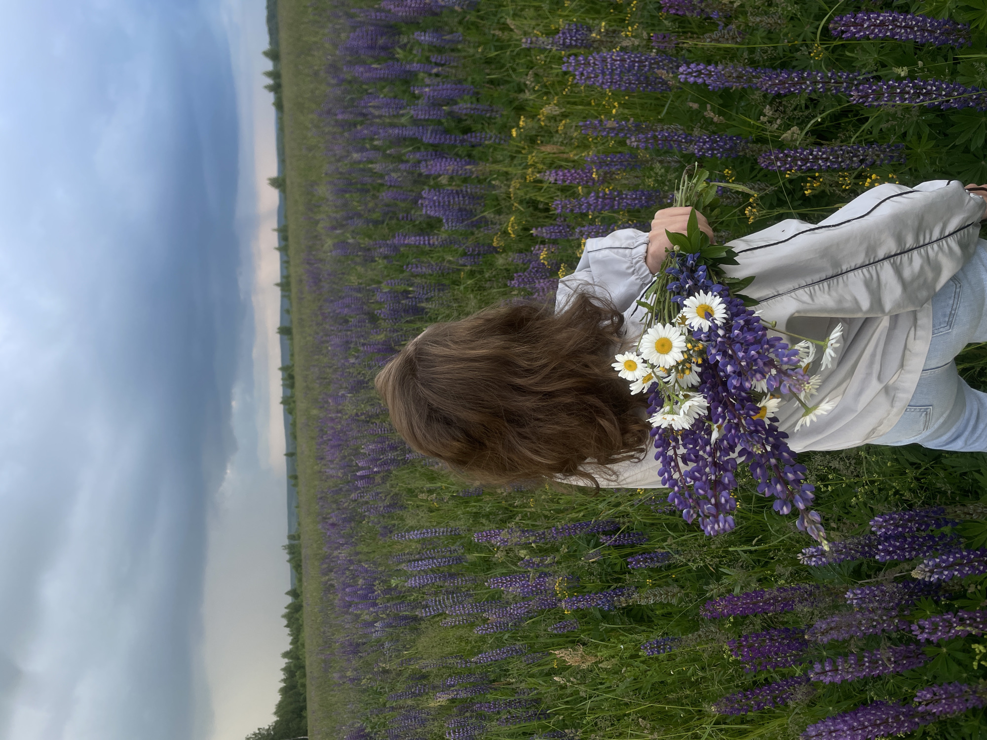 A person stands facing away from the camera in a field of purple lupine flowers. The person holds a bouquet of lupine and daisies. The sky above is cloudy and dark, with hints of rain. The location is identified as Kuyeda, Russia.