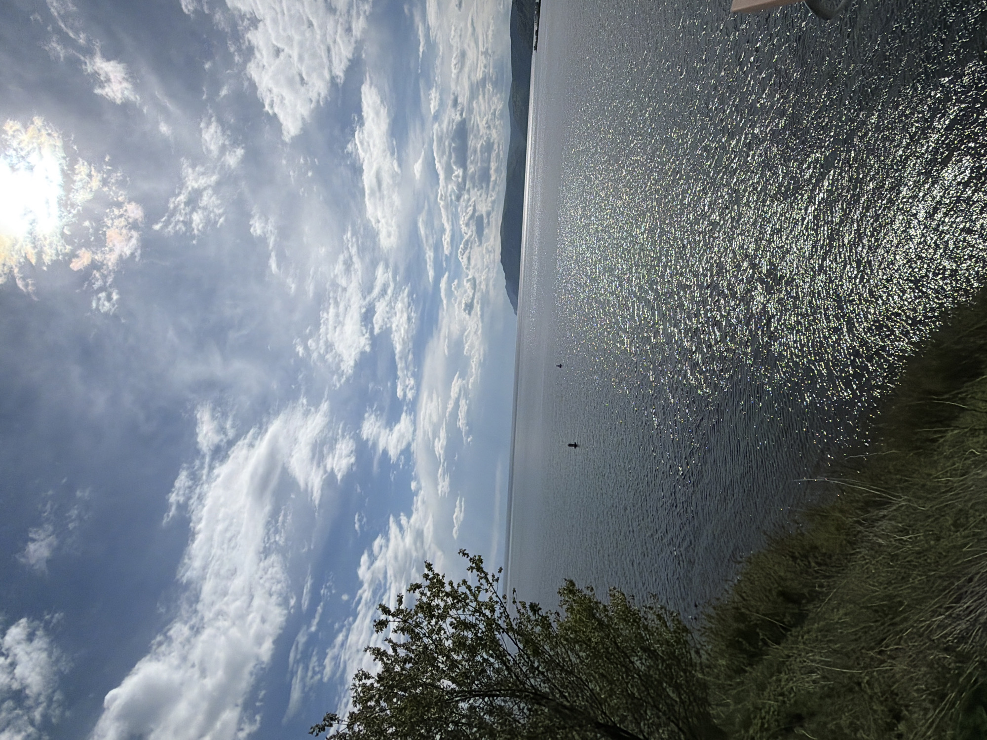 The image captures a sunny day at Lake Baikal near Listvyanka, Russia. The sky is partly cloudy with the sun shining brightly. The lake surface reflects the sunlight, creating a shimmering effect. The shoreline is visible with grass and a tree. Two birds can be seen flying over the lake. In the distance, a mountain range is visible on the opposite shore.