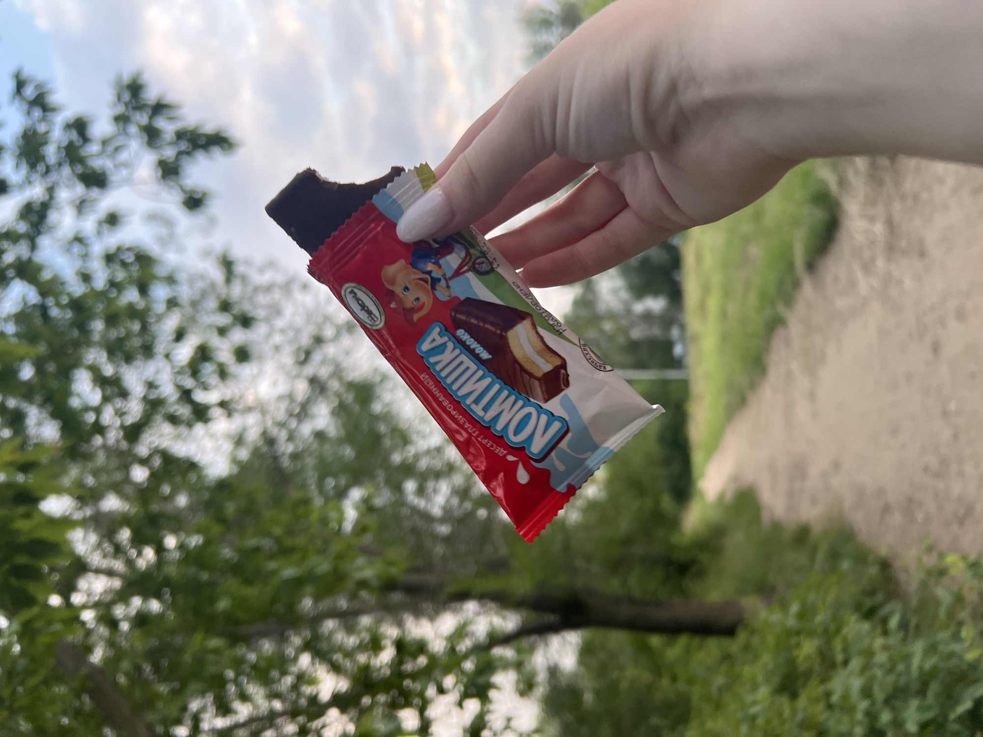 A close-up, vertical shot shows a hand holding a partially eaten chocolate-covered ice cream bar. The ice cream bar has red packaging with a cartoon elephant riding a bicycle. The background is blurred, showing a dirt path winding through greenery, with trees and a cloudy sky. The scene appears to be outdoors, possibly in a park or wooded area. No specific location in Ulyanovsk, Russia, can be identified from the image.