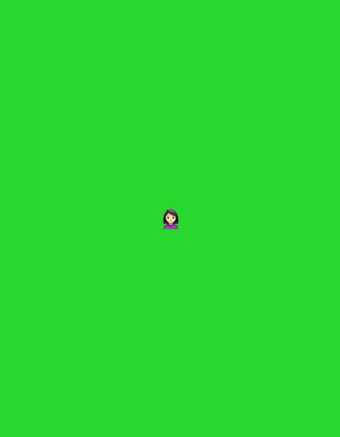 A stylized female head with short dark hair and a purple top is centrally positioned against a uniform, vibrant green background, indicative of a chroma key setup. This scene is located in the city of Santa Ana, Venezuela.