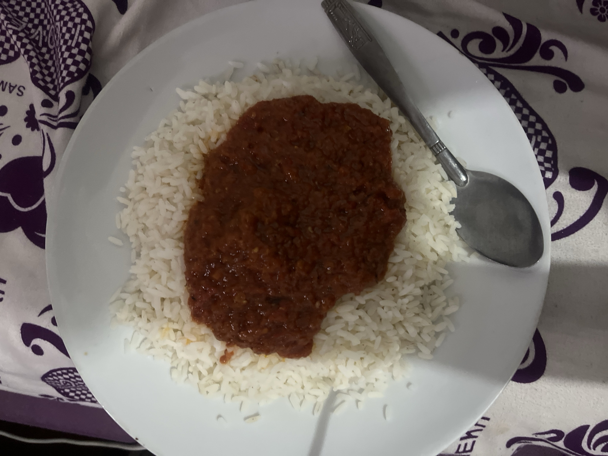 A top-down shot depicts a plate of white rice topped with a reddish-brown stew. A metal spoon rests on the right side of the plate. The plate sits on a patterned tablecloth. It is not possible to determine from this image the specific location or city.