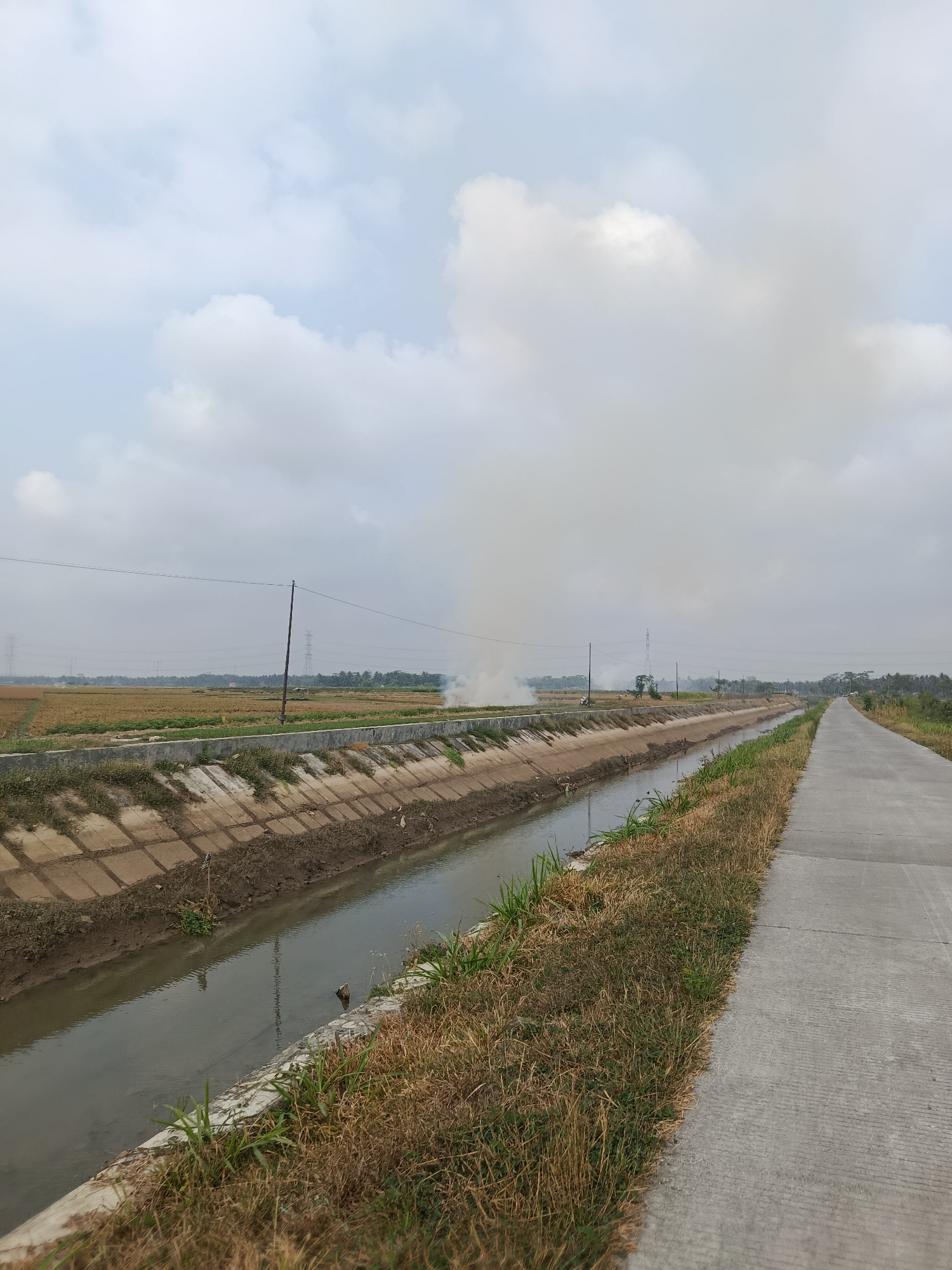 In Bantarsari, Indonesia, a rural scene unfolds with a concrete irrigation canal running parallel to a paved road. The canal, lined with concrete retaining walls, carries murky water. Dry grass and some green shoots grow along its banks. Beyond the canal, a field of harvested golden crops stretches towards the horizon, with power lines and transmission towers visible in the distance. A plume of smoke rises from the field, suggesting agricultural burning. The sky is overcast with soft, white clouds.