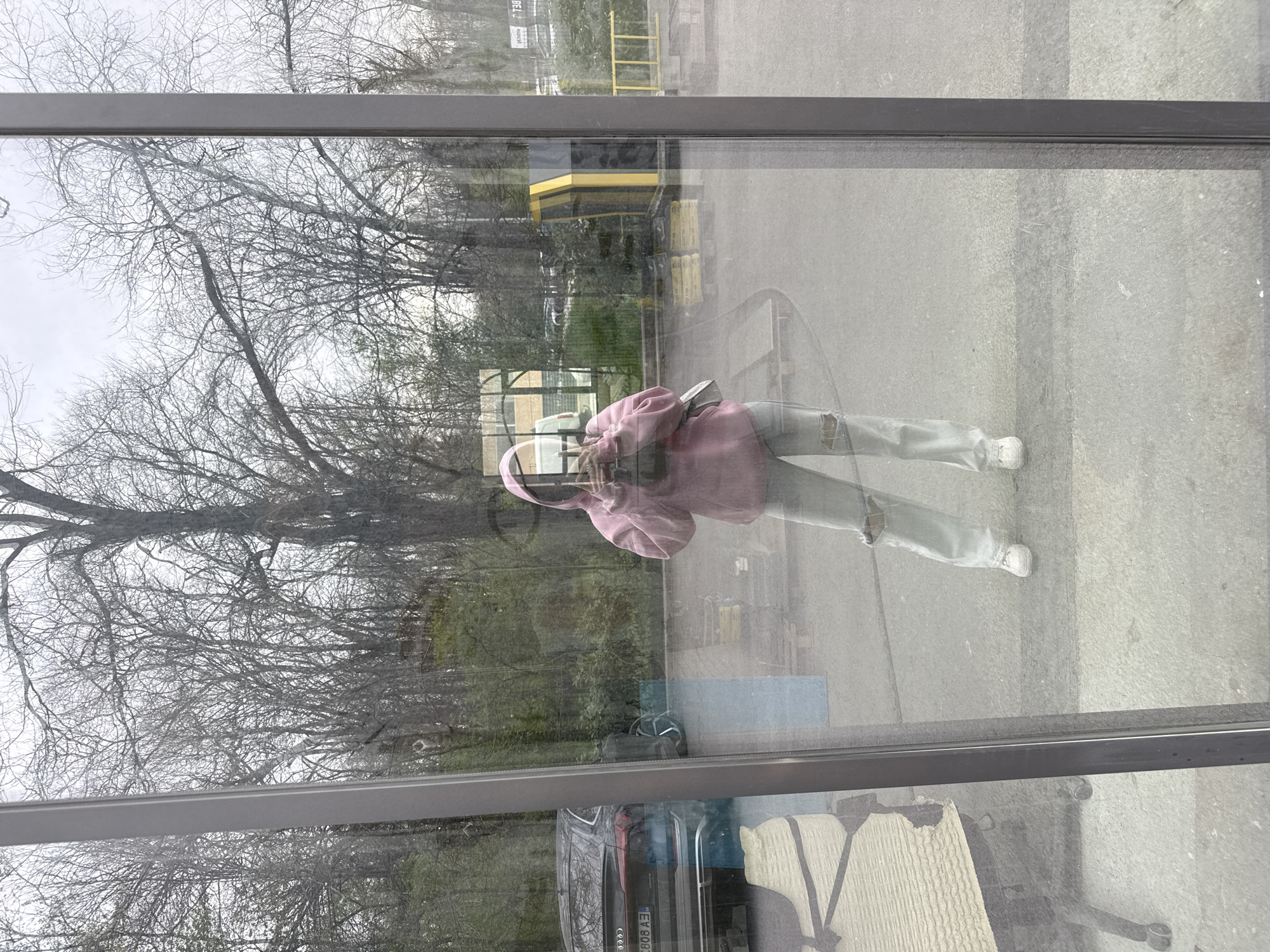 A person in a pink hoodie and light jeans is reflected in a window, likely taking a selfie with a phone in hand. The reflection also shows a drab, overcast outdoor scene with bare trees, a gray concrete ground, and a bus shelter with yellow accents. There is also a parked car visible with license plate ending in "808 AE". The overall impression is of a mundane, urban setting on a cloudy day. The location, Plovdiv, Bulgaria, is not definitively confirmed by the image.