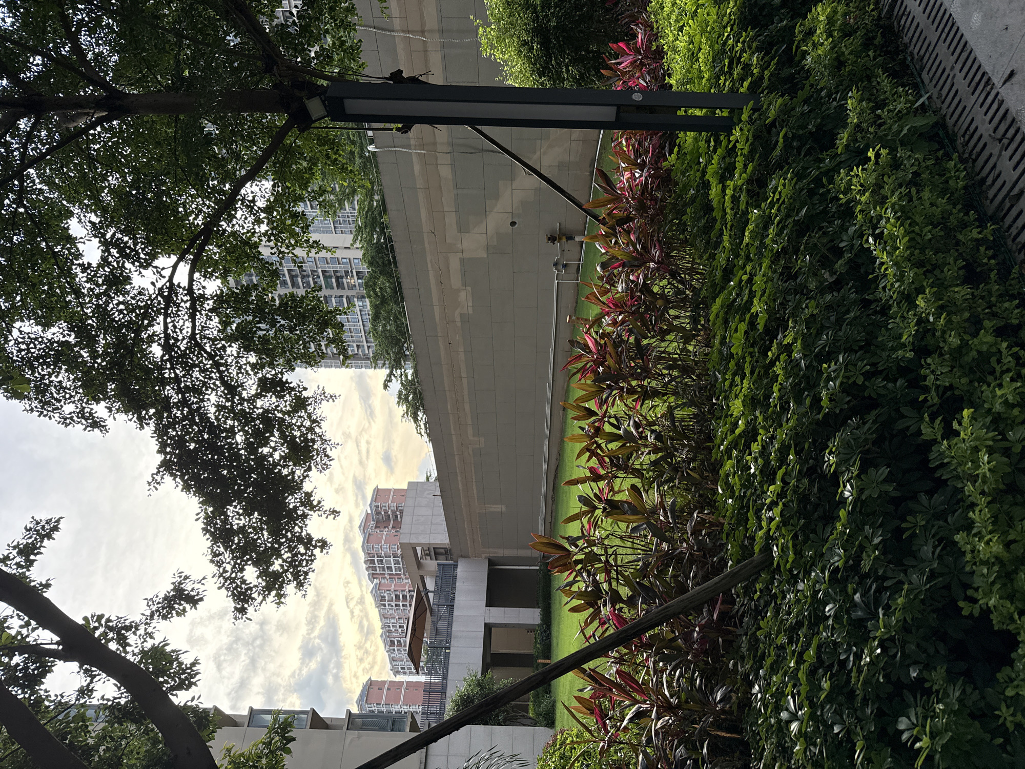 The image captures a view of an apartment complex in Huizhou, China, on a cloudy day. In the foreground, lush green bushes and plants with red and green leaves create a vibrant border. Behind them, a well-maintained lawn stretches out, bordered by a tall, light-colored stone wall. Various architectural elements of the apartment buildings are visible, including balconies, windows, and the distinct reddish-pink hues of some of the structures. The sky above is filled with a layer of clouds, suggesting overcast weather. A lamppost stands prominently on the right side of the image, partially obscured by trees. The scene appears to be a communal area within the residential complex, designed for aesthetic appeal and relaxation.