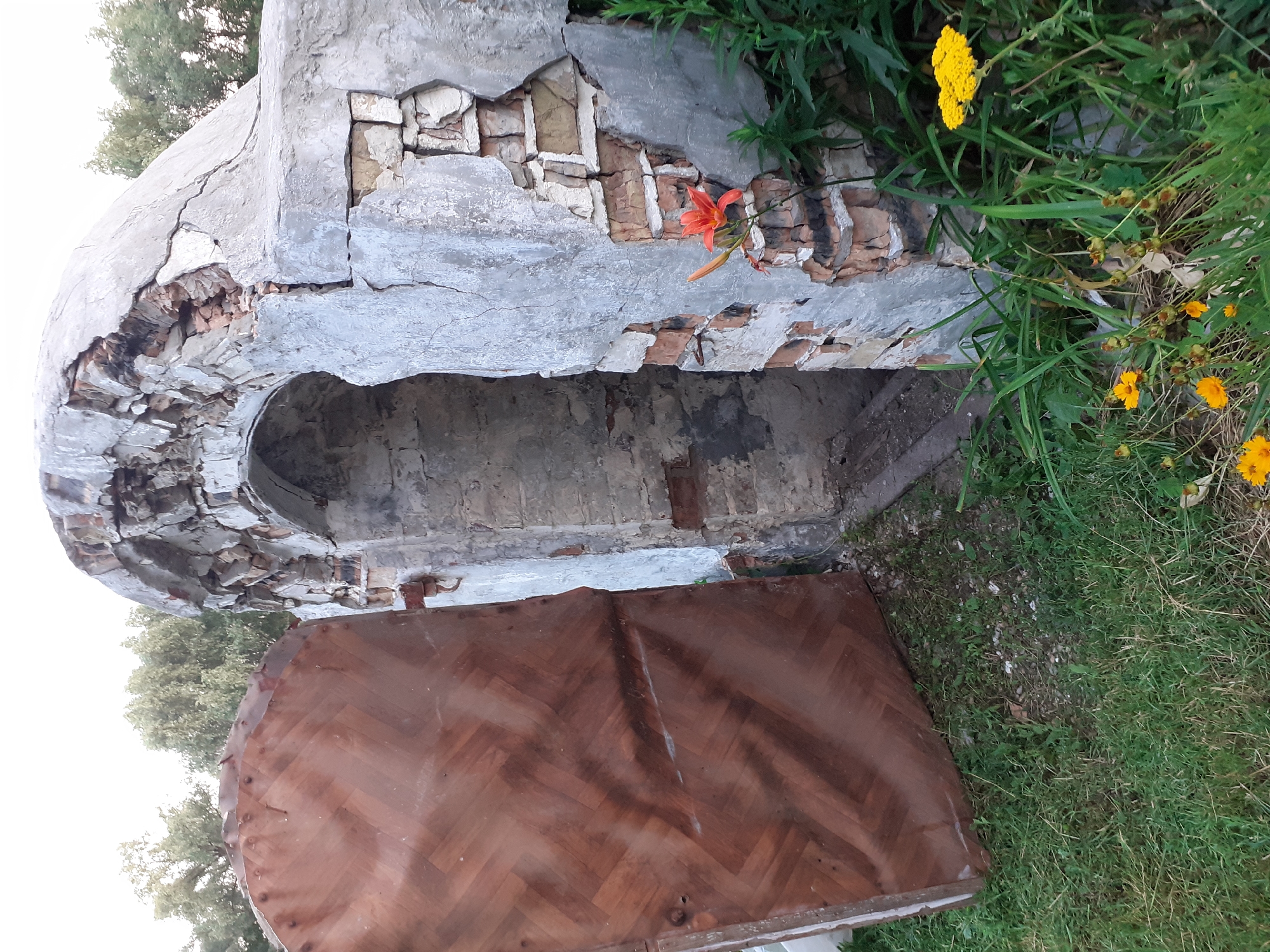 In Deremezna, Ukraine, an old, partially collapsed stone structure stands with an open, weathered wooden door. The structure appears to be an archway leading into darkness, with exposed brickwork and cracked concrete. An orange lily and some yellow wildflowers grow near the entrance. The ground is covered in green grass and some scattered stones. Trees are visible in the background.