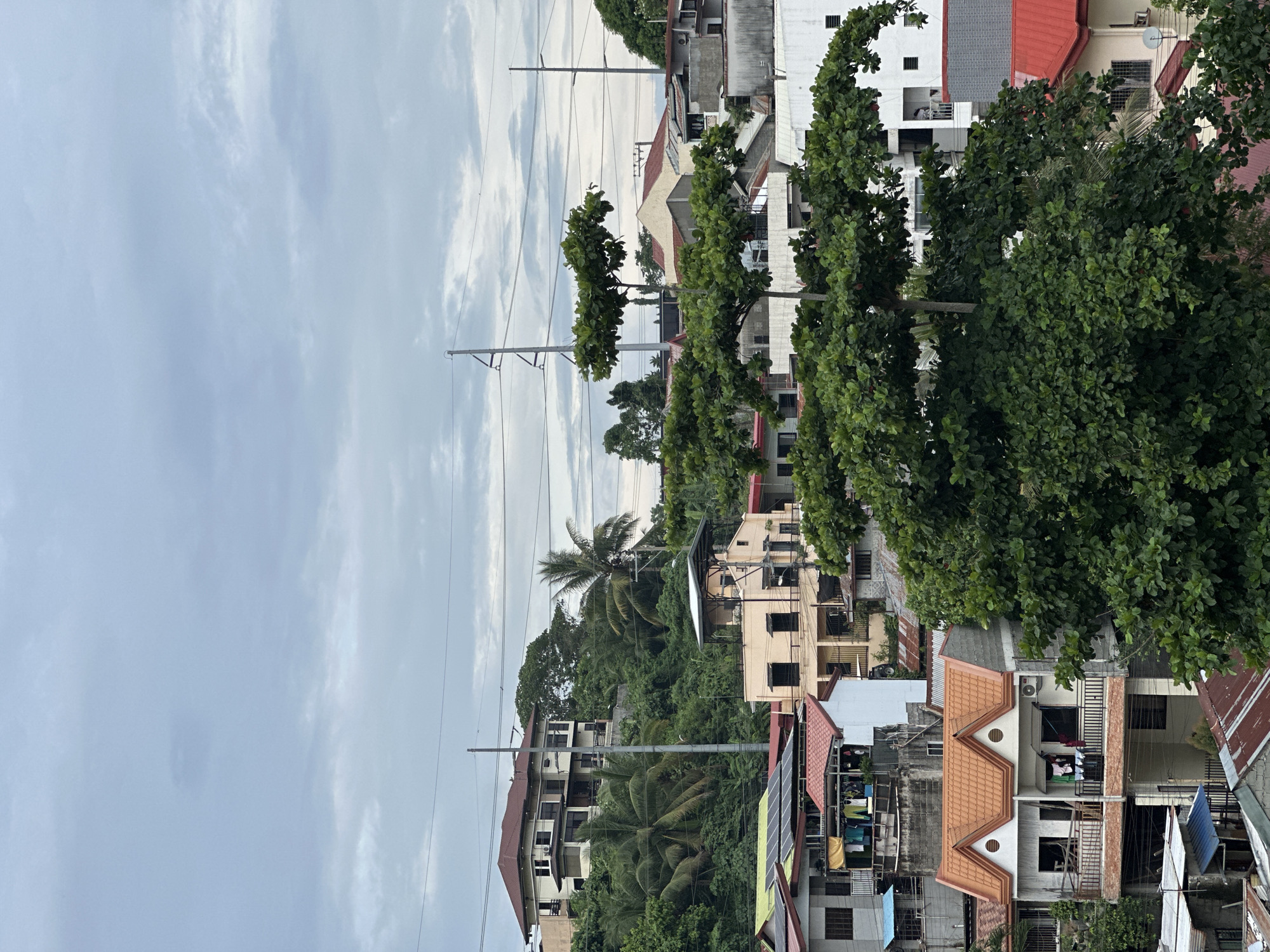 This image shows a view of a residential area, likely in Davao City, Philippines. Several buildings, mainly houses, are visible with various roof types, including gabled and flat roofs. The houses are constructed with concrete. Some houses have solar panels. A clothesline with hanging clothes is visible. The scene is interspersed with green vegetation, including trees and palms. Overhead, power lines stretch across the frame. The sky is overcast, suggesting cloudy weather.