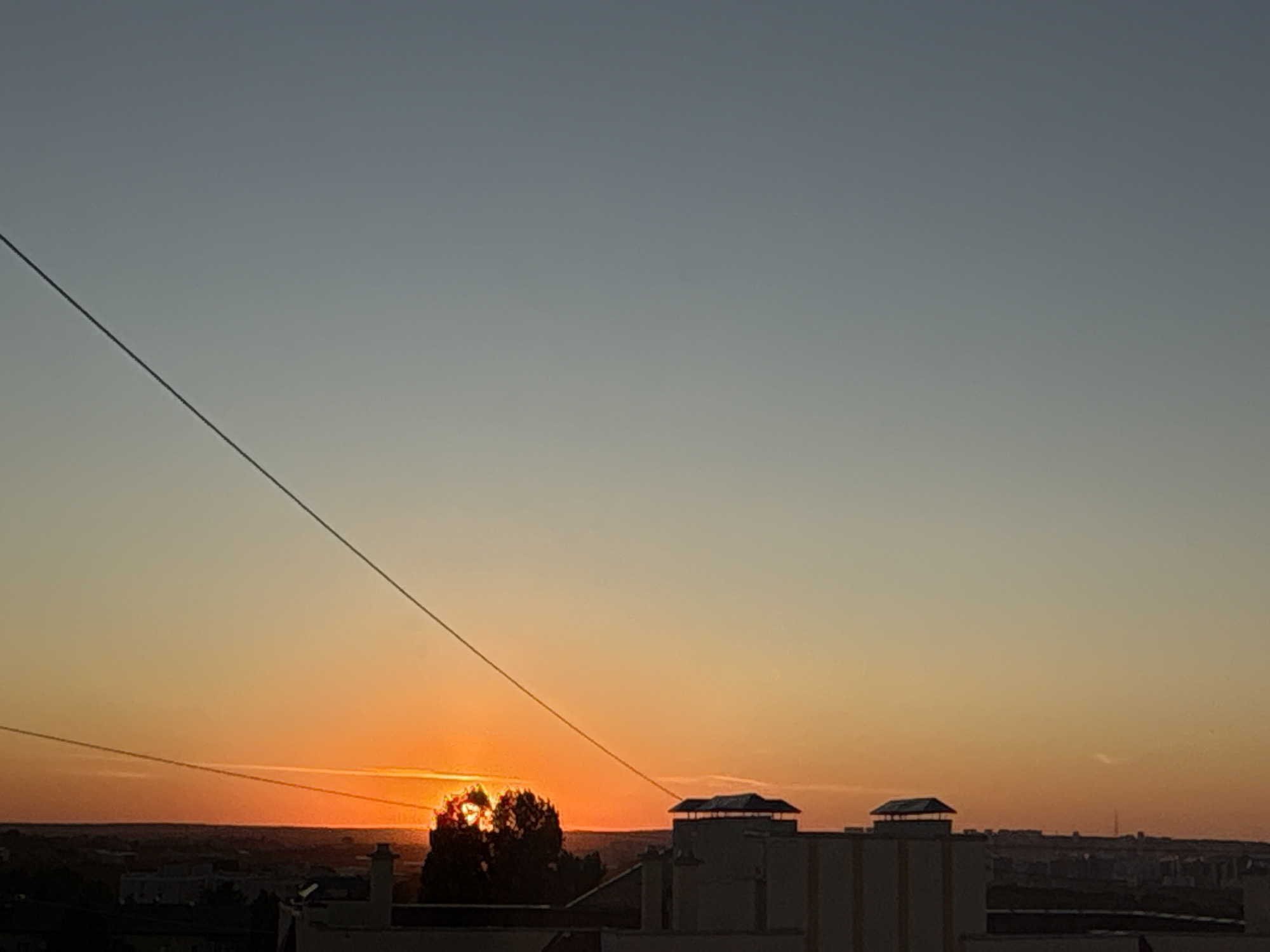The image depicts a sunset over the city of Засечное, Russia. The sky transitions from a pale blue at the top to a warm orange and yellow hue near the horizon. A thin, dark power line stretches diagonally across the upper left portion of the frame. Silhouetted against the vibrant sunset are several buildings and trees in the foreground and midground. Two prominent buildings with distinctive, angular roofs are visible in the midground. A cluster of trees, partially illuminated by the setting sun, stands to the left of these buildings. The distant cityscape is dimly visible on the horizon, fading into the atmospheric haze. The overall impression is one of a serene urban sunset.