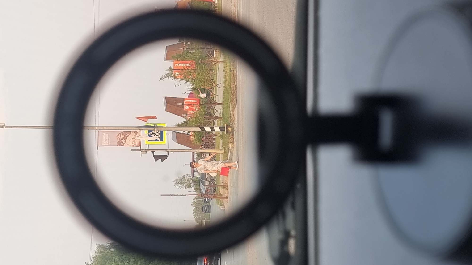The image shows a view through a circular lens, possibly a camera lens or a magnifying glass, onto a street scene. The scene appears to be in an outdoor setting, likely a roadside area in a town or city. The perspective is from a vehicle, as indicated by the reflection of a car mirror on the right side of the image.
In the foreground, within the circular frame, a person is visible in a light-colored dress, carrying a red bag. They are standing on the side of a paved road. Behind them, there are traffic signs, including a pedestrian crossing sign. Further in the background, there are buildings with distinctive red triangular roofs and some trees. Several signs with text are visible. One banner on a pole has an image of what appears to be a person and some text. The buildings have large red signs with white text that seems to read "ПОБЕДА!". The sky is overcast, suggesting a possibly cloudy or hazy day. The overall impression is a casual daytime scene, possibly in a commercial or residential area. The orientation of the image is rotated, making the "upside down" perspective a notable detail.