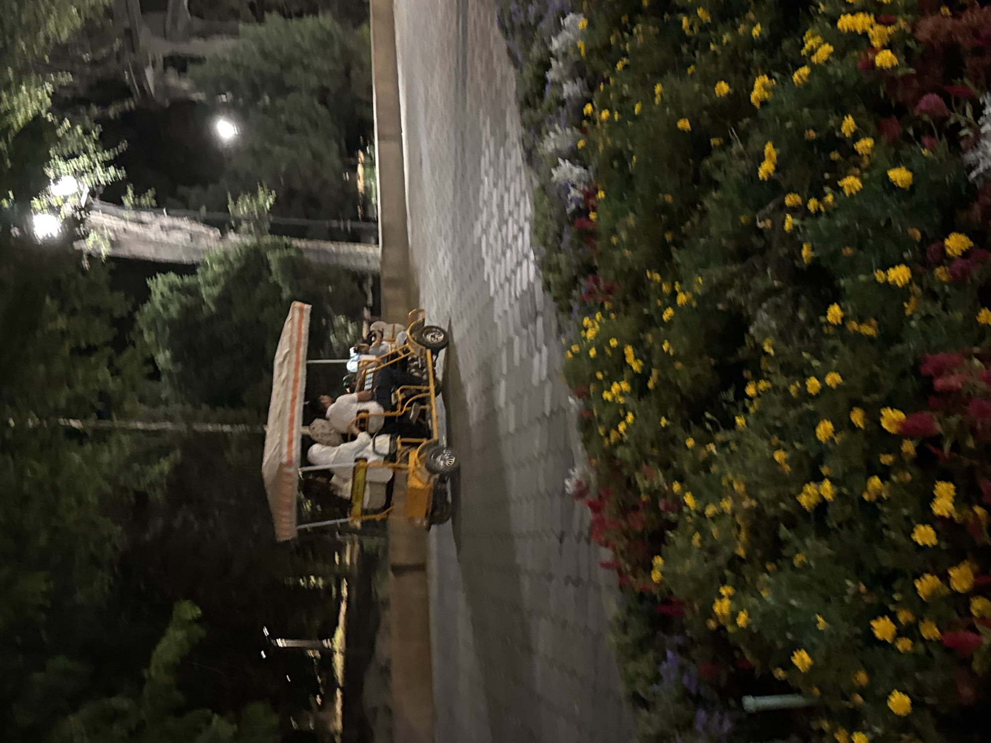 In Bishkek, Kyrgyzstan, at night, a yellow pedal buggy with a beige canopy carries four passengers. The buggy is on a paved pathway, with a flowerbed of yellow and red flowers in the foreground. In the background, trees and lampposts are visible, suggesting the buggy is in a park or recreational area. The lighting is dim, indicating it is nighttime.