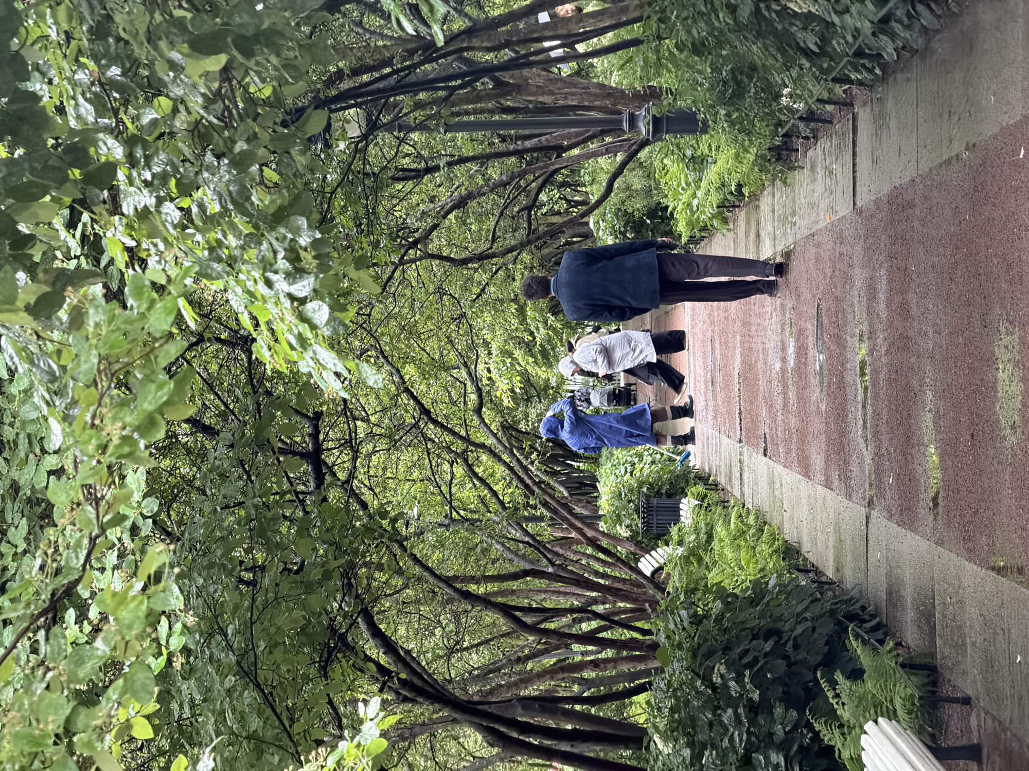 A path in a park, likely in Saint Petersburg, Russia, is lined with lush green foliage and arching trees that form a canopy overhead. The path itself is a mix of red gravel and gray stone, and appears wet, suggesting recent rain. Several people are present. In the foreground, a man in a dark blazer walks away from the camera. Further down the path, a person in a bright blue hooded raincoat holds a broom. Another person in a white hooded coat is seen near them. The scene is serene and verdant, with the trees and plants creating a sense of enclosure.