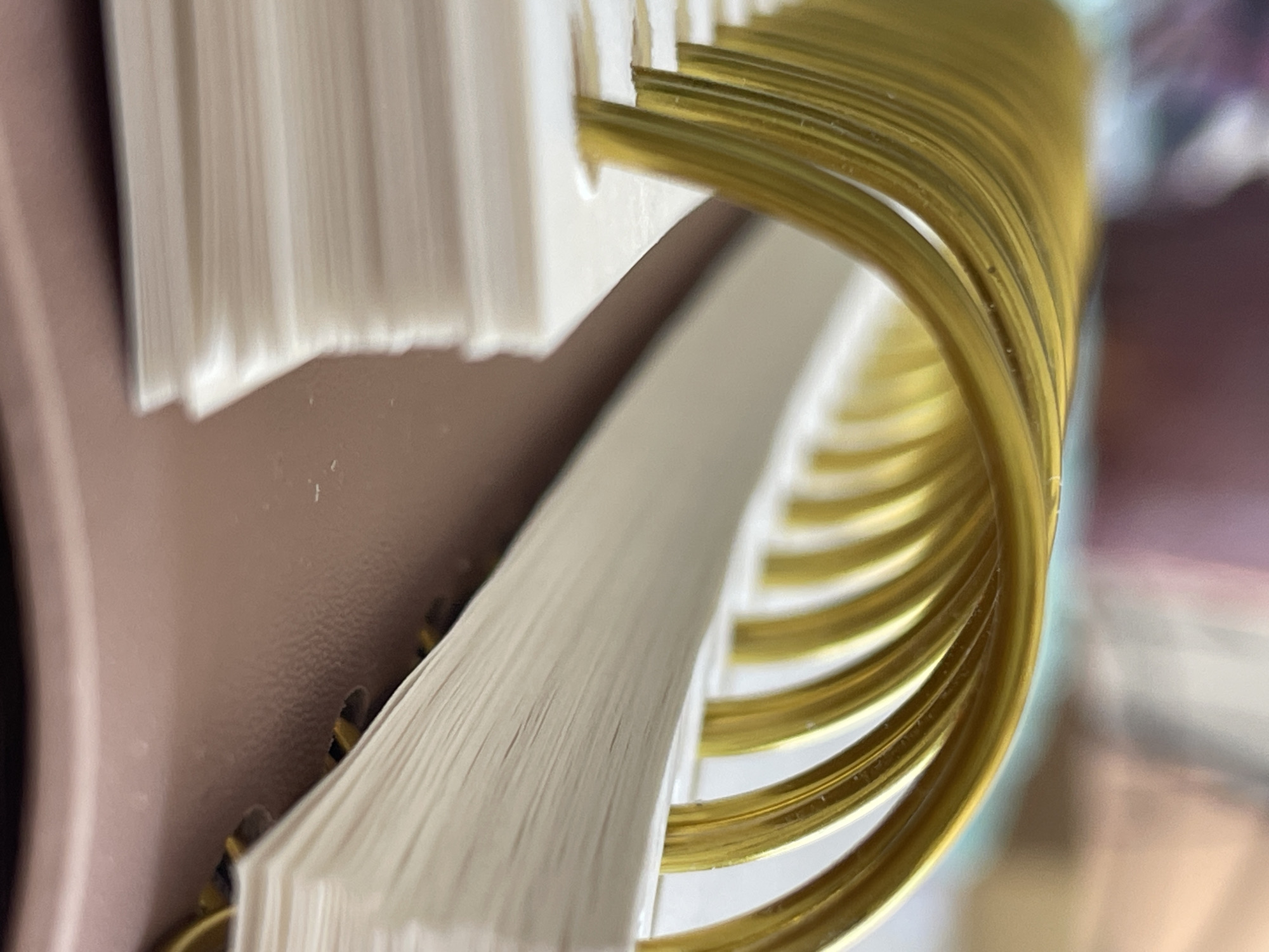 The image shows a close-up view of a spiral-bound notebook or planner. The spiral binding is made of gold-colored metal. The pages appear to be off-white. A portion of the cover, in a light brown color, is visible on the left side of the frame. The background is slightly blurred, with indistinct colors suggesting other objects in the surrounding environment. The location is unspecified; there is no element in the frame to suggest the city of Izhevsk, Russia.