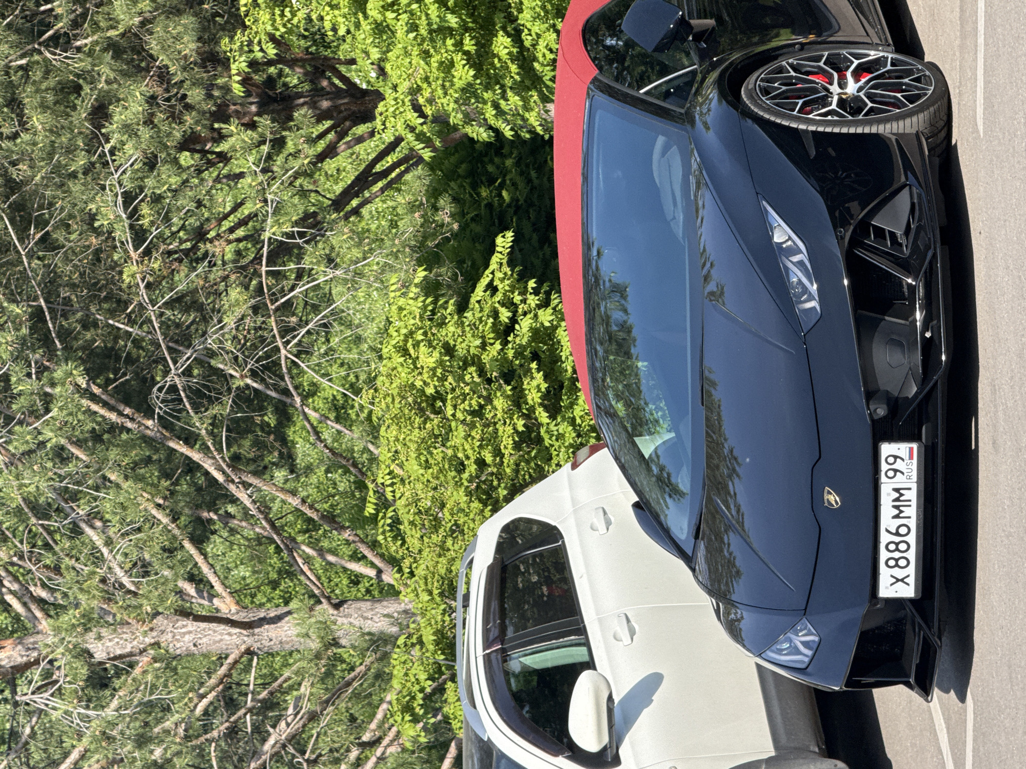 The image depicts two parked vehicles in an outdoor setting during daylight. In the foreground, a black Lamborghini Huracán Evo Spyder with a red fabric convertible top is prominently featured. Its front license plate displays "X886MM 99 RUS," indicating the vehicle is registered in Moscow, Russia. The Lamborghini's multi-spoke wheels, with red brake calipers visible, are also in view. Behind the Lamborghini, the rear-left portion of a white SUV, consistent with a Nissan Qashqai, is partially visible. The background consists of dense green foliage, including large trees with visible trunks and branches, suggesting a natural or park-like environment surrounding the paved parking area. No individuals are present in the frame.