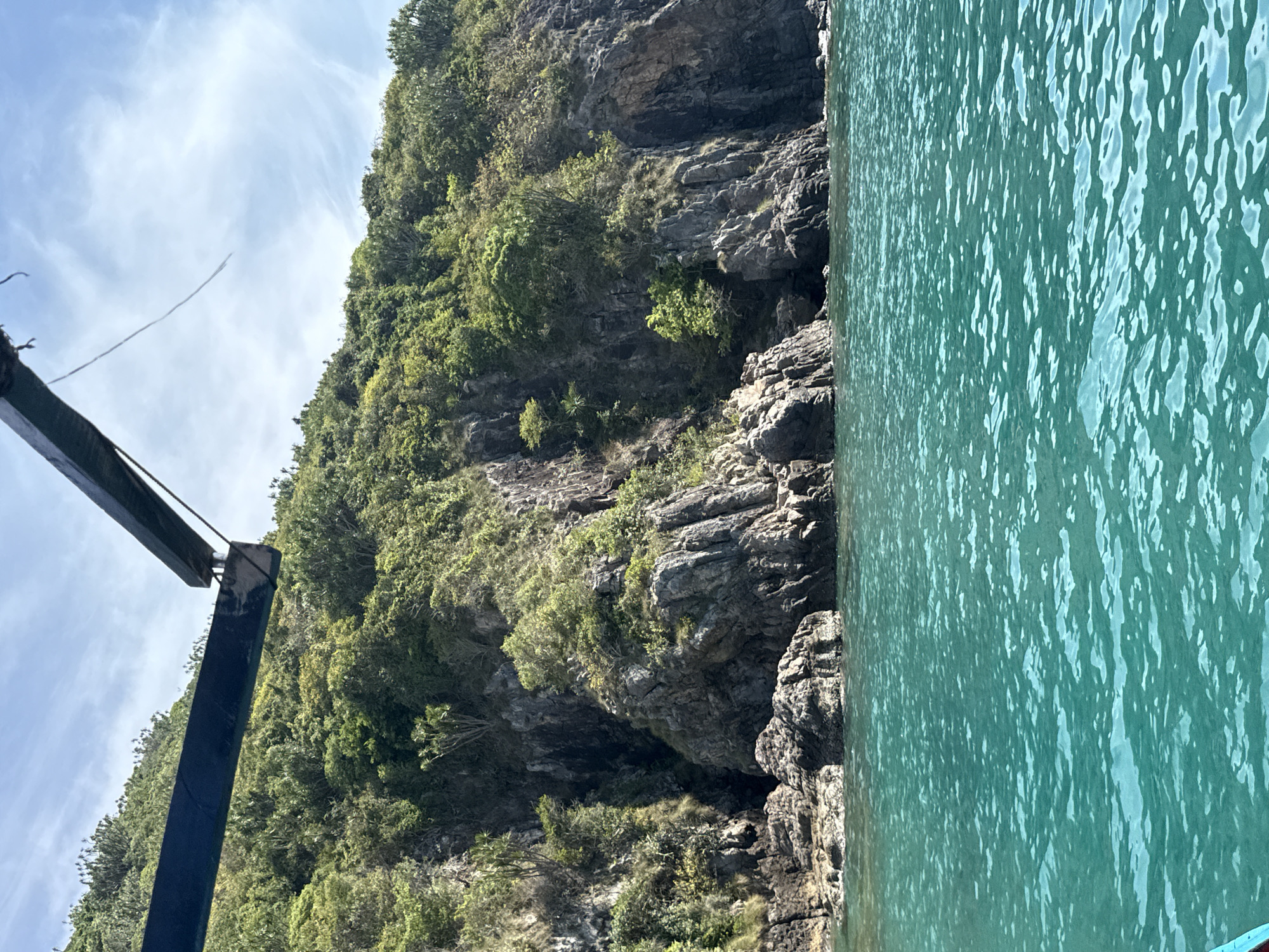 The image shows a rocky, tree-covered cliff face meeting turquoise water, likely an ocean or sea. A section of a blue structure, possibly part of a boat or dock, is visible on the left side of the frame. The sky above the cliff is partly cloudy. This location is potentially near Nam Nha Trang Ward, Vietnam, based on the similar terrain and coastal features.