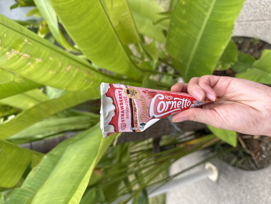 A light-skinned human hand holds a partially unwrapped Cornetto Royale Strawberry ice cream cone. The cone's wrapper is red and white, displaying "STRAWBERRY" in English and Thai script, along with "Royale." The white ice cream is visible at the top of the cone. The background consists of dense, broad green tropical plant leaves, with a dark tree trunk partially visible between the foliage. A grey paved surface and a white cylindrical object with a circular base are visible in the lower left background. The scene is set in Kamala, Thailand.