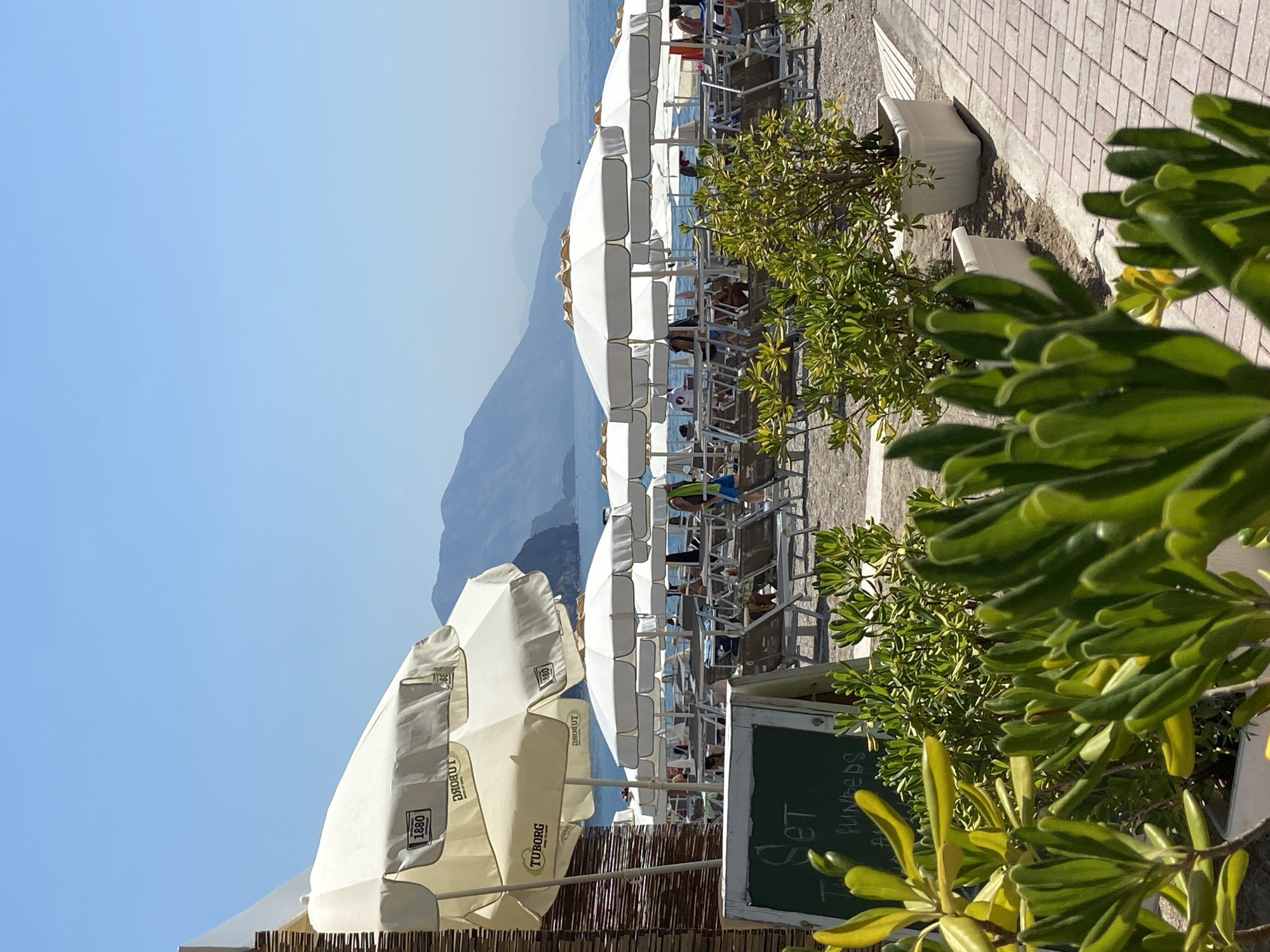 The image depicts a sunny day at a beach in Prijevor, Montenegro. In the foreground, lush green plants are in focus, obscuring a portion of the scene. A chalkboard sign, leaning against a bamboo-like structure, displays some text in green, with "Set" being clearly legible. Behind the plants, rows of white umbrellas and lounge chairs stretch across the pebbled beach, with several people scattered among them, some seated and others standing. The sea is visible in the mid-ground, appearing calm and blue, with distant mountains forming the backdrop. The sky is a clear, bright blue. The overall impression is one of a serene beach resort on a warm day.