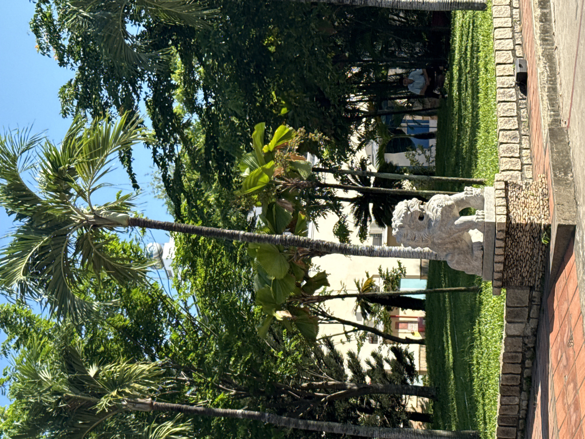 In Bac Nha Trang Ward, Vietnam, a stone lion statue stands guard in a verdant park. The statue, carved in a traditional style, is positioned on a pedestal made of rough-hewn stones, with a mosaic of smaller pebbles at its base. Behind the statue, a well-maintained lawn slopes gently upwards, dotted with palm trees and lush green foliage. In the distance, a pale yellow building with various colored doors and windows is visible, partially obscured by the trees. Sunlight filters through the dense canopy of leaves, casting dappled shadows across the grass. To the right, a man dressed in a light blue shirt and dark pants is seated on the grass, facing away from the camera. The foreground features a red brick pathway leading towards the stone wall that borders the park.