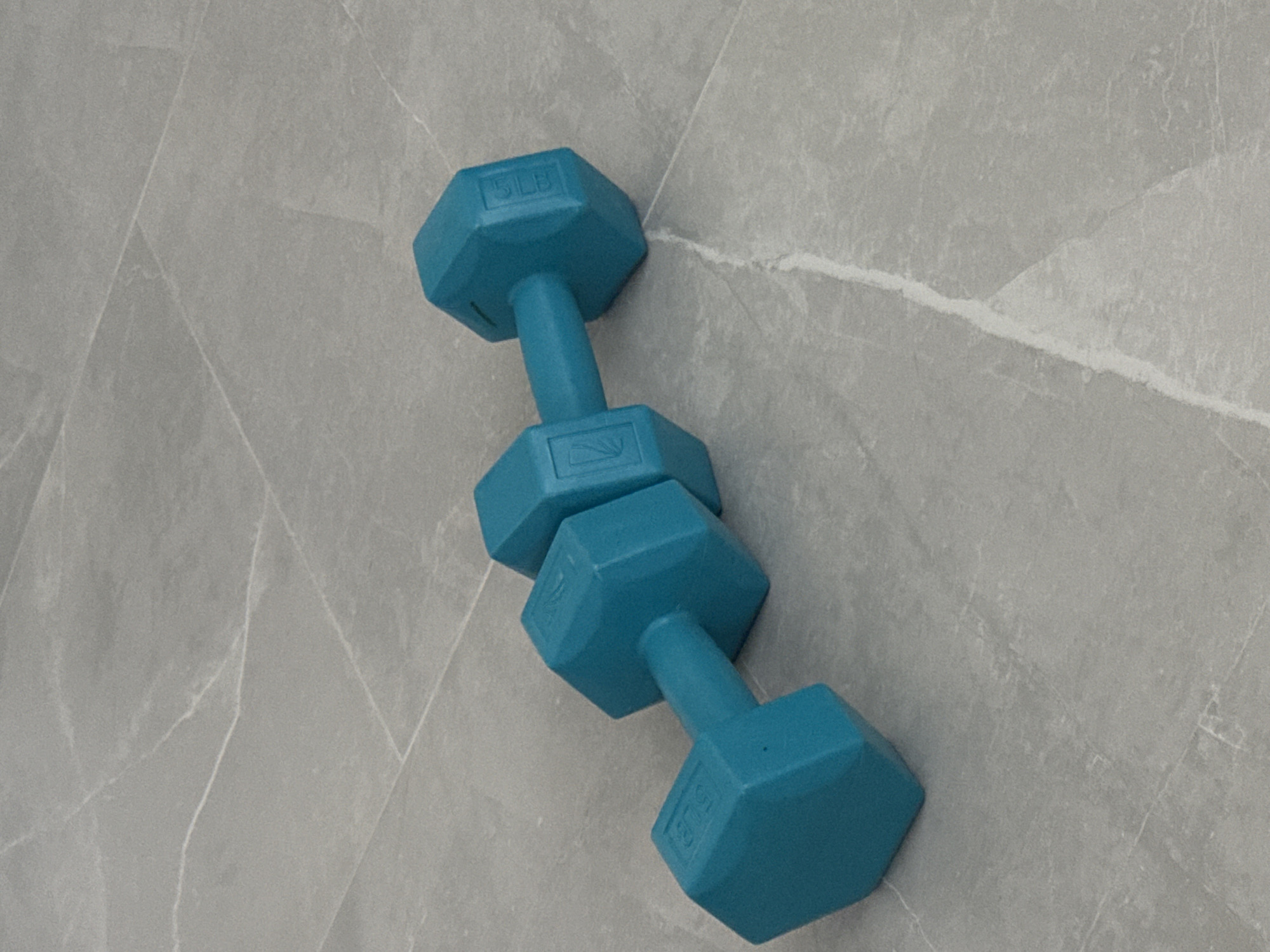 The image features two turquoise blue dumbbells positioned end-to-end on a light grey, veined surface, likely a tiled or stone floor. Each dumbbell has hexagonal heads and a central handle section. The text "5 LB" is clearly visible, molded into the outer hexagonal face of each dumbbell, indicating they are five-pound weights. A smaller, stylized emblem, possibly a logo resembling a "Z" or an arrow, is also visible on an inner hexagonal face of each dumbbell. The grey surface displays a subtle, irregular pattern of lighter veins, similar to marble. No people are present, and no activity is taking place; the dumbbells are stationary. The lighting is diffused and even, suggesting an indoor setting. The scene is static and presents fitness equipment in a neutral environment in Davie, United States of America.