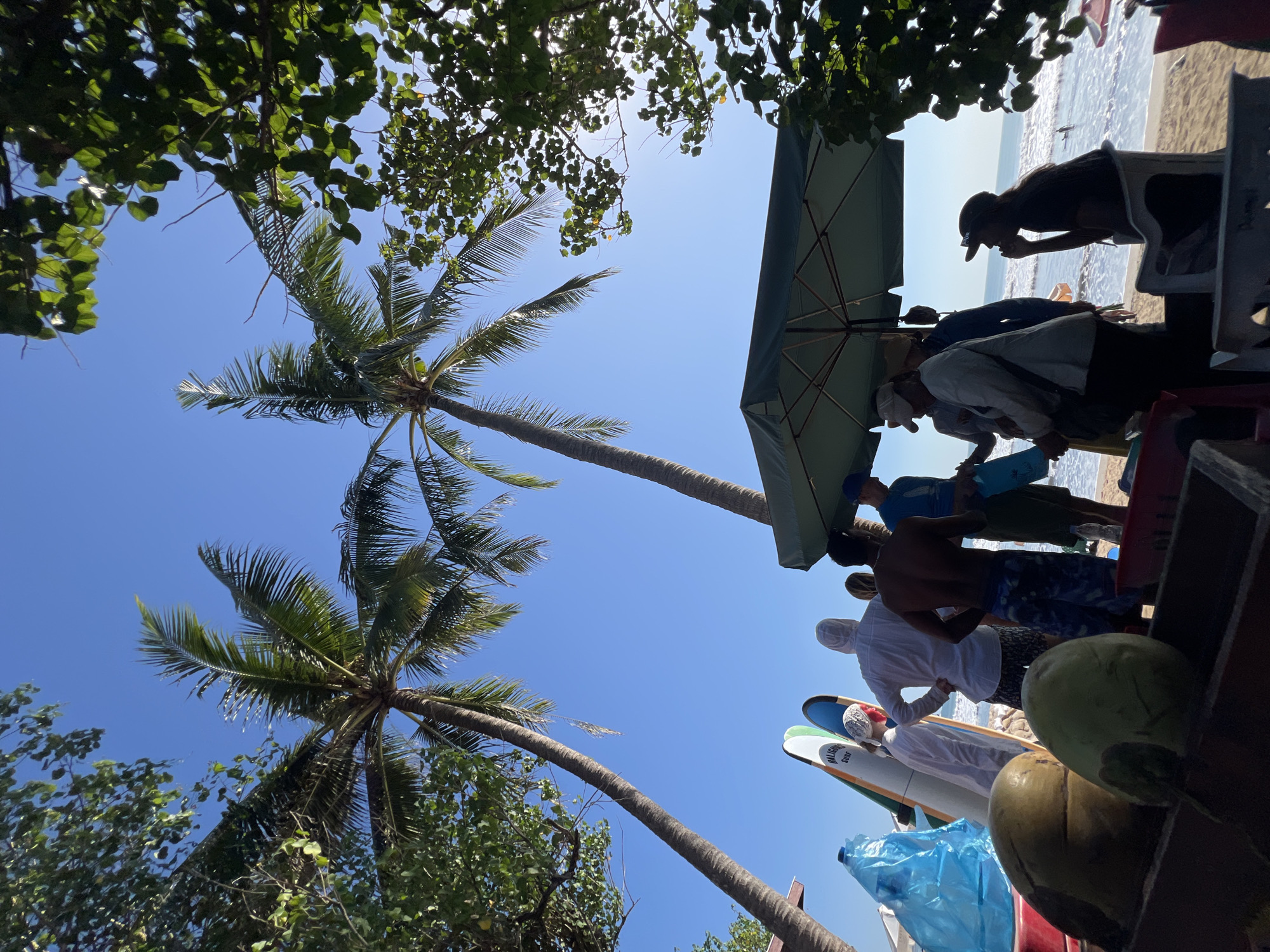 A group of people stand on a beach near Kuta, Indonesia, under the shade of palm trees and a large umbrella. Two surfboards lean against a blue plastic-wrapped object. In the foreground, two coconuts rest in a wooden crate. The ocean is visible in the background, with small waves and a surfer in the distance. The sky is clear and blue. The scene appears to be a casual gathering on a sunny day.