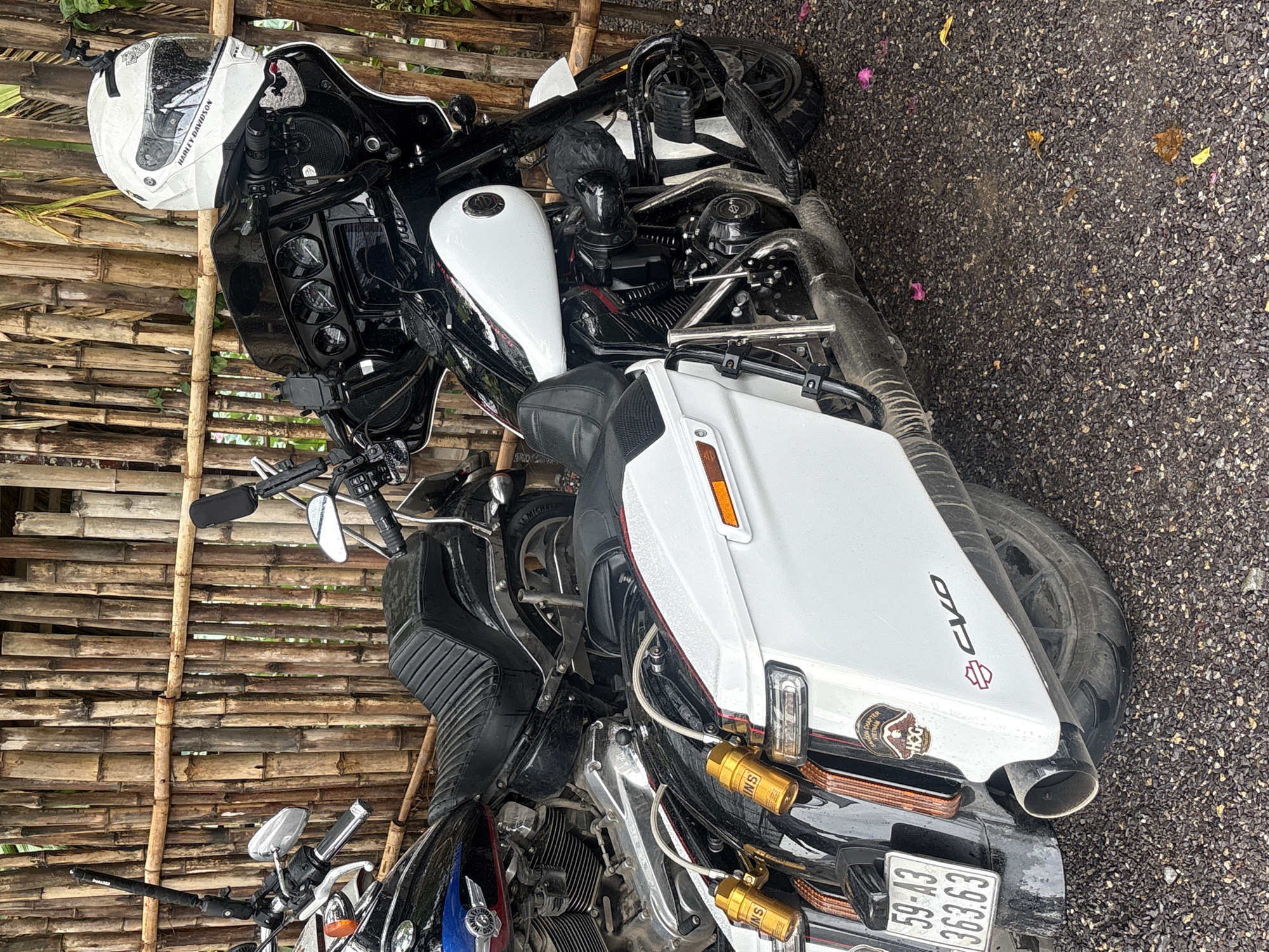 The image shows two parked motorcycles next to a bamboo fence. One motorcycle is a white Harley-Davidson, and its license plate reads "59-A3 363.63." The location is identified by the Harley-Davidson chapter sticker as being in Vietnam. Another motorcycle is visible in the foreground, and a white helmet is placed on the Harley-Davidson. The ground is covered in small stones and gravel. Based on the information from the license plate, license plate sticker, and Harley Davidson chapter sticker, it is plausible the location could be Nam Nha Trang Ward, Vietnam.