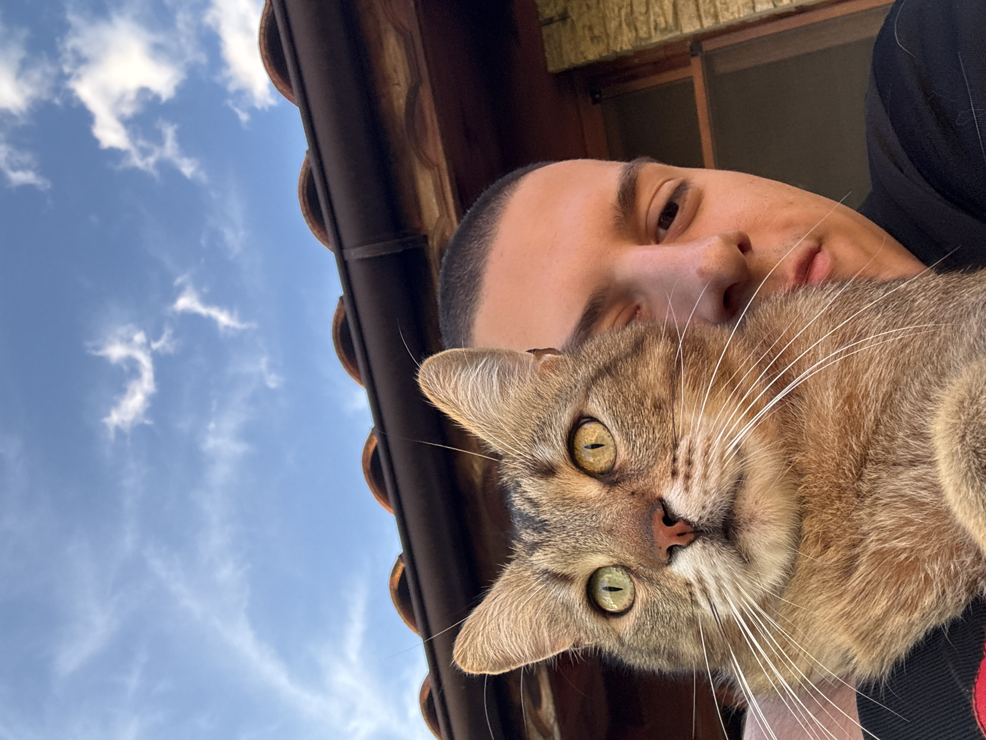 A close-up, upward-angled shot features a person embracing a tabby cat, set against a bright blue sky with scattered white clouds. The person, a male with a short buzz cut and light stubble, has his face partially visible, including his left eye, nose, and mouth, and is wearing a dark garment. His expression appears neutral.
The tabby cat, held close to the person, dominates the foreground. It has striking green-yellow eyes that are wide and focused directly at the camera, along with long, prominent white whiskers. Its fur exhibits a typical tabby pattern with shades of brown, black, and cream.
The background shows a clear blue sky with fluffy white clouds, indicating daytime with good weather. To the right and top, parts of a building's roof with brown, possibly terracotta, tiles and some wooden structural elements are visible. The image captures a moment of companionship between the person and the cat, taken from a low perspective, likely outdoors. The scene is located in Goritsa, Bulgaria. No text is visible in the image.