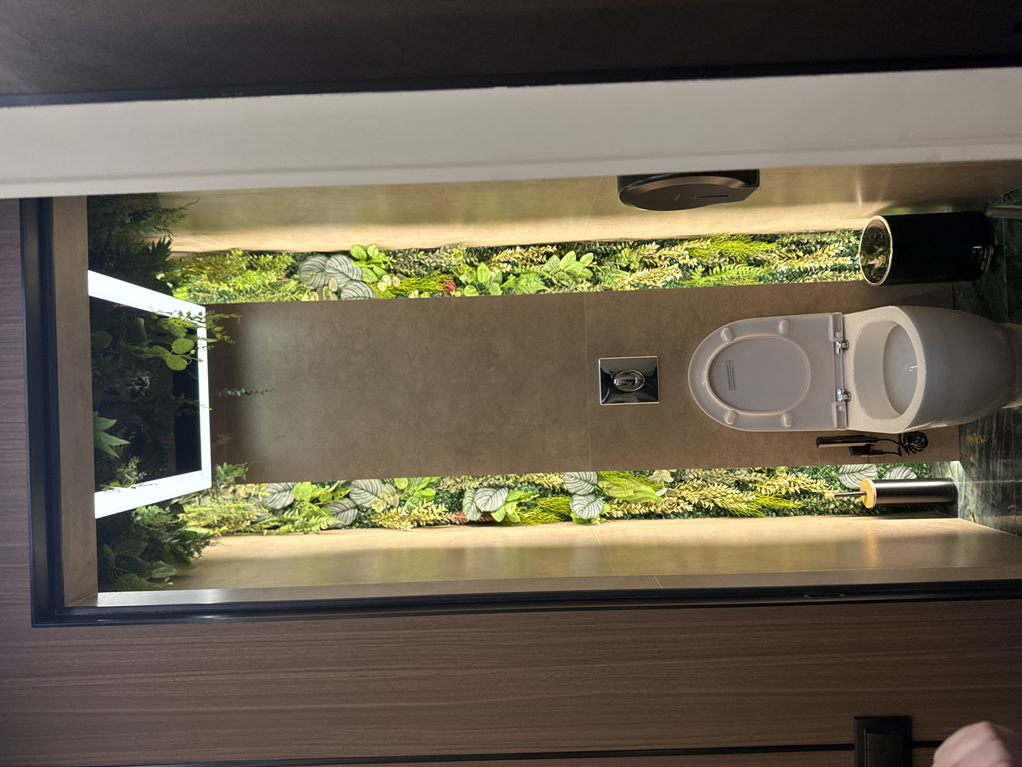 The image shows a modern toilet room with a green wall design, likely in Yerevan, Armenia. The room features a wall-mounted toilet, tile flooring, a toilet paper holder, and an adjacent decorative plant display illuminated with lights. The camera angle is looking down into the room.