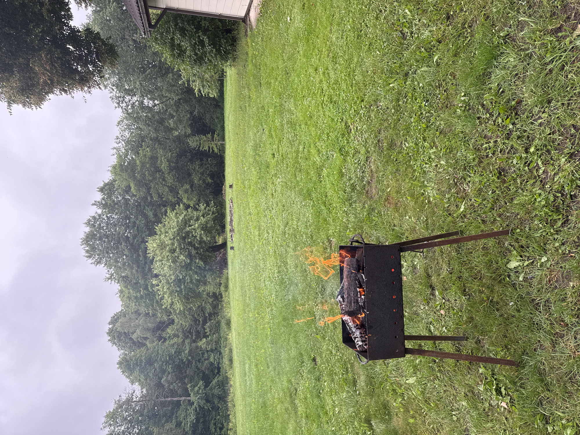 The image depicts an outdoor scene in a grassy area, likely a backyard or park, with a small charcoal grill in the foreground. The grill contains burning wood and logs, with flames reaching upwards. The surrounding area is covered in green grass and scattered with some weeds. In the background, there is a dense line of trees forming a forest. To the right of the image, a portion of a building with a white exterior and a brown roof is visible. The sky is overcast, suggesting a cloudy day. The specific location in Antakščiai, Lithuania is not discernible from the visual elements alone. There are no people or animals present in the frame.