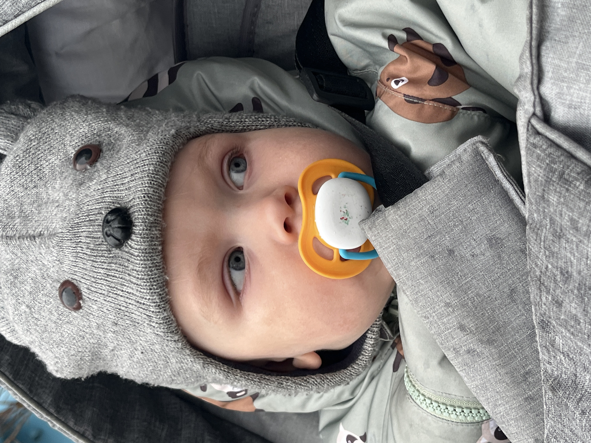 A baby with a pacifier in its mouth is lying down. The baby is wearing a gray knit cap with animal ears. The baby's clothes have a pattern of animal faces. The location is unknown.