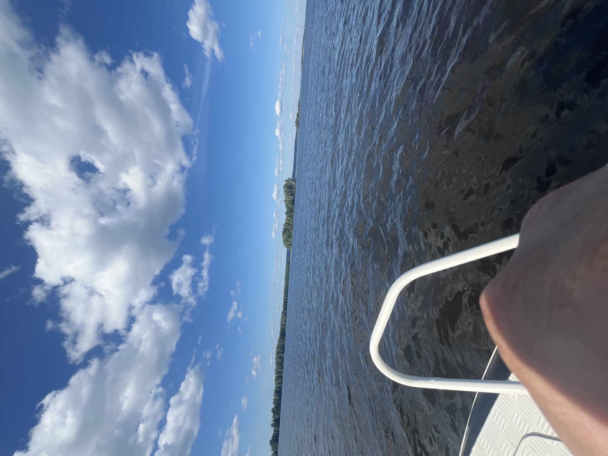 The image depicts a view from a boat on a body of water, likely a large lake or river, with a distant tree-lined shore under a blue sky filled with white, puffy clouds. In the foreground, a white railing and a portion of a person's arm and knee are visible, suggesting the perspective of someone on the boat. The water is dark and rippled, indicating gentle movement. The shoreline is densely populated with trees. The scene is set during the daytime, with bright sunlight illuminating the sky and water. Without specific landmarks or identifying features of Cheboksary, Russia, the exact location within the city cannot be determined from this image alone.