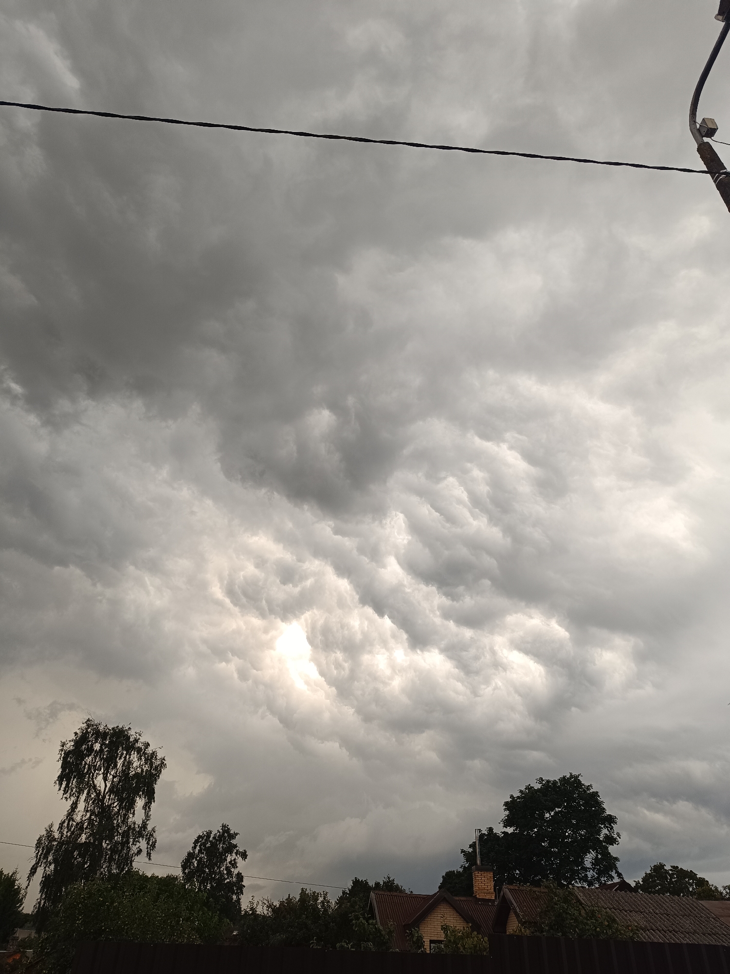 The image depicts a dramatic sky filled with ominous, gray, and white storm clouds, likely taken from a residential area. A thin black power line stretches horizontally across the upper portion of the frame, and a lamppost is visible on the far right. Below the dramatic sky, silhouetted trees and the rooftops of houses are visible, suggesting a suburban or rural setting. The overall atmosphere is dark and heavy, indicating impending or ongoing inclement weather. The provided information that this image was taken in Riga, Latvia, places the scene within a European urban or suburban context.