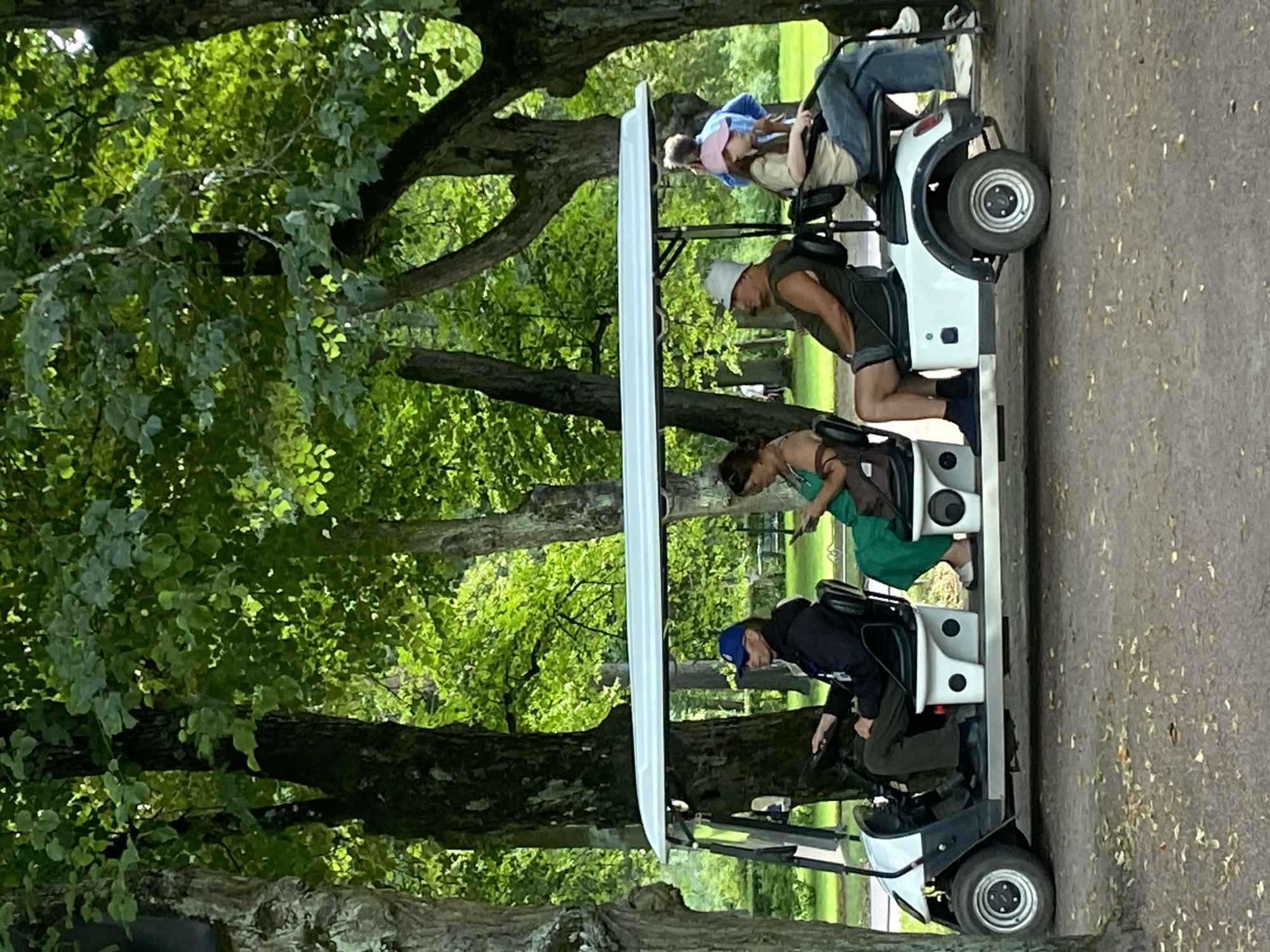 This is a medium-shot, eye-level photograph of a white golf cart with a white canopy, carrying five people, driving on a dirt path within a park. The golf cart is positioned in the center of the frame and is moving from left to right. The driver, a man wearing a dark jacket and a blue baseball cap, is seated on the far left and is steering. To his right, a woman in a green dress is seated and looking at her phone. Next to her, a man wearing a white bucket hat and a dark sleeveless shirt is seated. On the far right, a young person wearing a light-colored t-shirt and a pink baseball cap is seated. The background is dominated by lush green trees with dense foliage, indicating a summer or late spring setting. The ground is covered with dirt and scattered fallen leaves. The environment appears to be a park or garden, possibly the park of Pavlovsk Palace in Pavlovsk, Russia, given the foliage and the setting suggestive of a historic estate.
