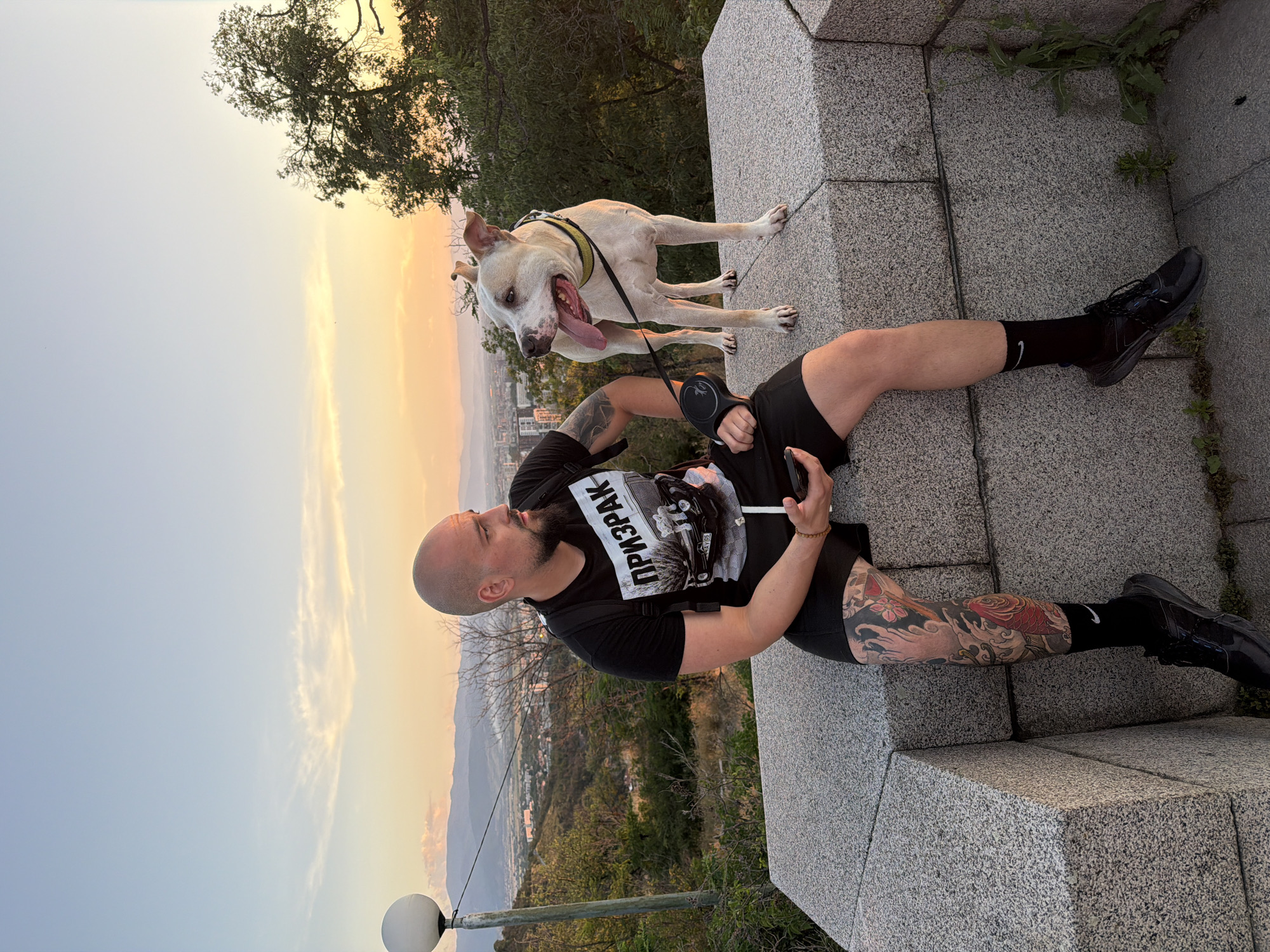 A man with a bald head and a beard sits on a granite wall overlooking the city of Plovdiv, Bulgaria. He is wearing a black t-shirt with a graphic print, black shorts, black socks, and black sneakers. A large tattoo covers his left leg, depicting a dragon, waves, and a koi fish. He holds a black smartphone in his right hand. Beside him, a light-colored pit bull-type dog stands on the wall, panting with its tongue out. The dog wears a yellow and black collar and is attached to a black retractable leash, which the man also holds. The background shows a panorama of Plovdiv with buildings and distant hills under a warm, golden sky at sunset. A streetlamp is visible to the left of the man. The environment is characterized by lush greenery and the warm hues of the setting sun.