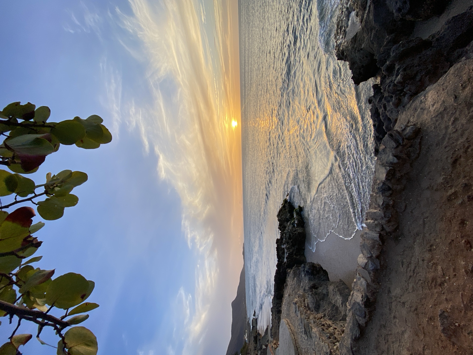 The image depicts a sunset scene on the coast of Juan Griego, Venezuela. The sun is positioned near the horizon, casting a golden light across the water and sky. The sky is filled with elongated clouds that reflect the colors of the sunset. A coastline with dark rocks borders the water's edge. In the lower left, a tree branch with green leaves is visible.