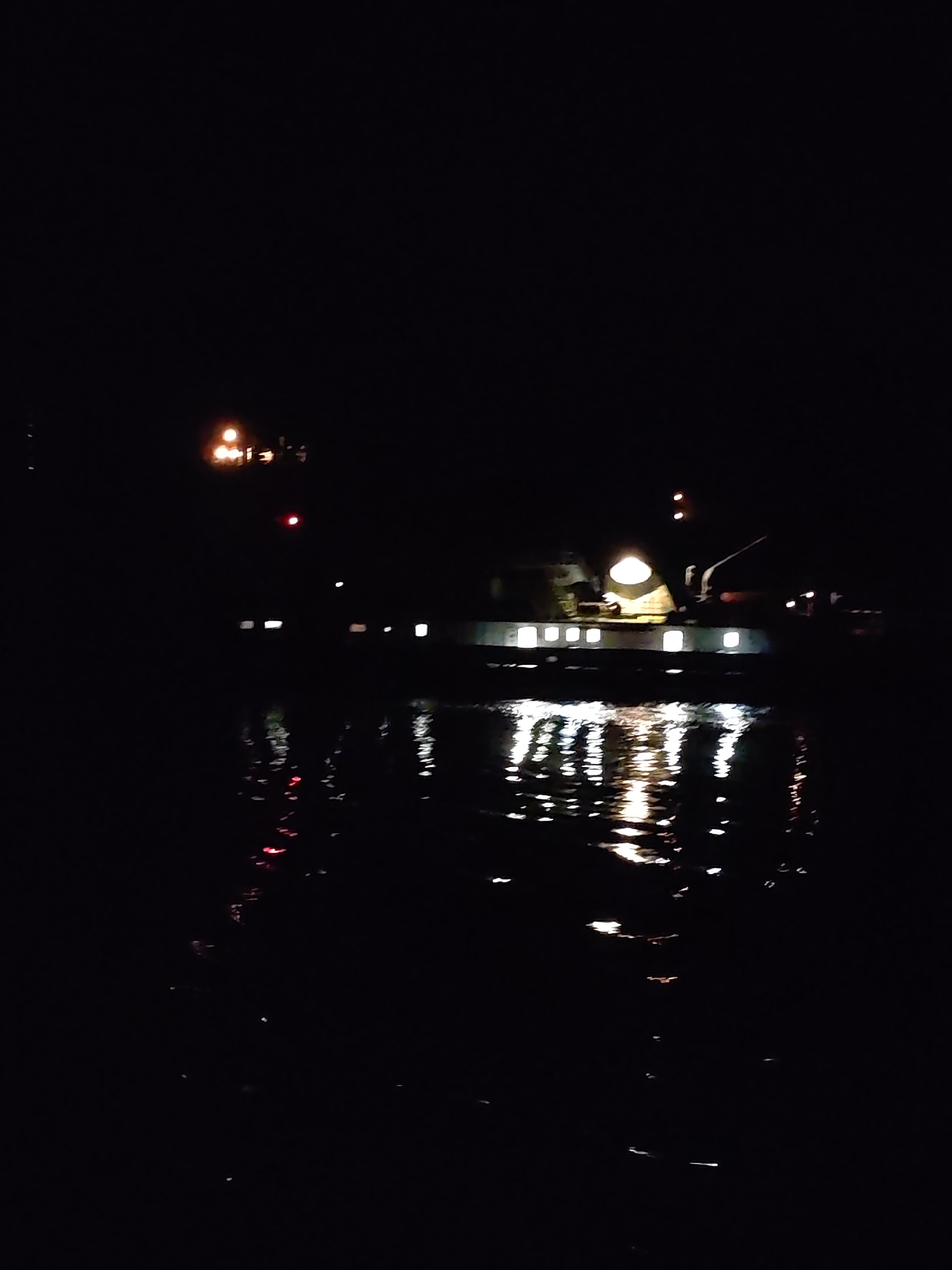 The image depicts a body of water at night, possibly a river or lake in Глебово, Russia, reflecting lights from a large vessel. The vessel is silhouetted against the dark sky, with a row of illuminated windows and a brighter spotlight near its center. Other scattered lights are visible in the distance, possibly from buildings or infrastructure along the shoreline. The water surface reflects these lights, creating a shimmering effect. The scene is dark, with limited visibility, typical of a nighttime setting.