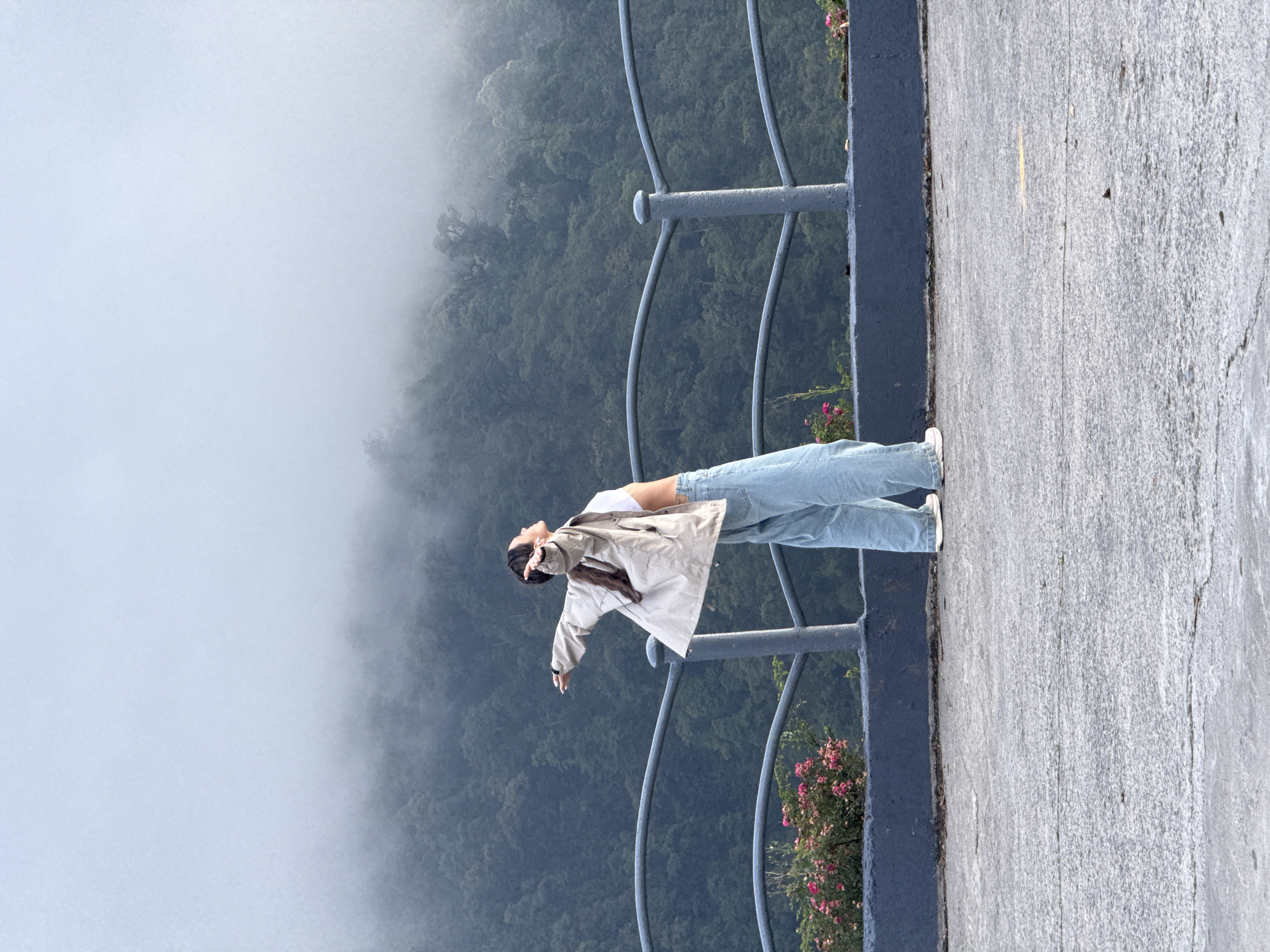 A woman in a white top, light blue jeans, and a beige jacket stands on a gray concrete platform with a metal railing. She is positioned with her back to the viewer, arms outstretched in a "Titanic" pose, facing a landscape filled with dense green trees obscured by thick fog. The location is Binh Lu, Vietnam. Pink flowers are visible on the platform near the railing.