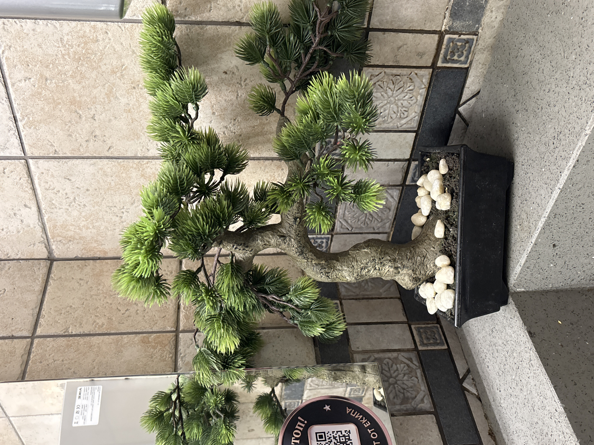 The image shows a small, artificial bonsai tree with green needles, placed in a black rectangular pot filled with dark soil and white pebbles. The pot rests on a speckled gray countertop. Behind the bonsai, the wall is tiled with a pattern of beige squares and darker rectangular accents with floral motifs. To the left of the bonsai, a portion of a mirror is visible, reflecting the tree and the tiled wall. A black circular sticker with a QR code and some text in Cyrillic is affixed to the mirror, partially obscuring the reflection. The overall scene appears to be an indoor setting, possibly a restroom or a commercial space, given the tiling and the mirror with a sticker. The location is not specified as Burgas, Bulgaria, or any other specific city.