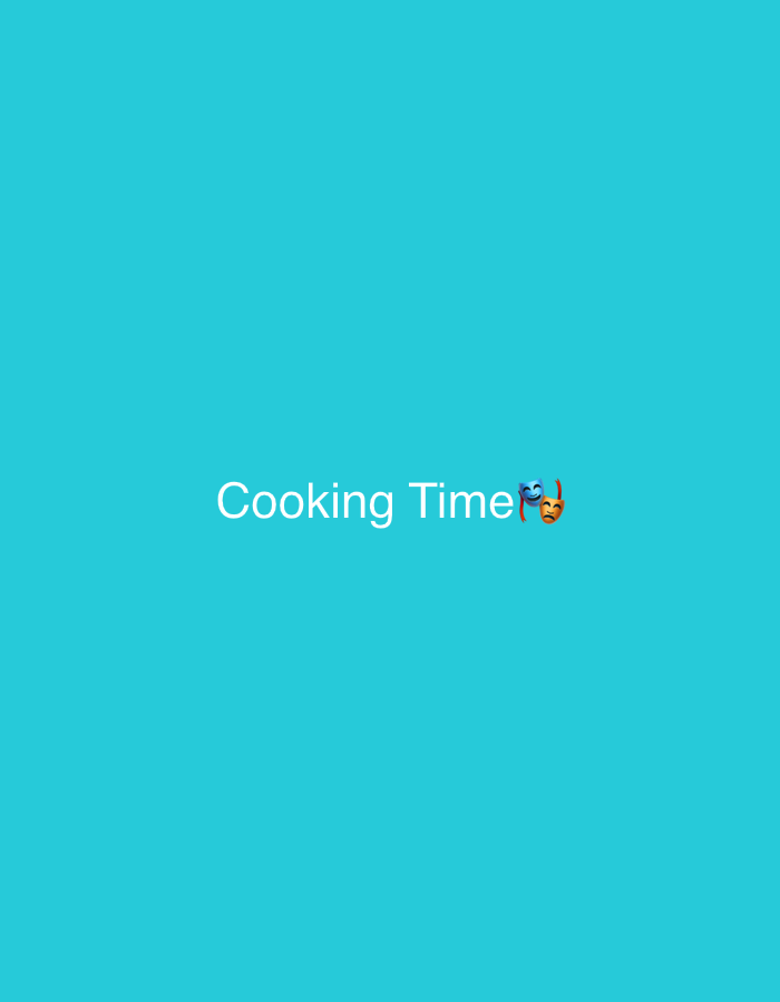 The image displays the text "Cooking Time" in white font, centered on a solid cyan background. To the right of the text, there are two emojis: a blue comedy mask and an orange tragedy mask. There is no discernible location in Nkpor, Nigeria, or any people, subjects, objects, or actions depicted beyond the text and emojis.