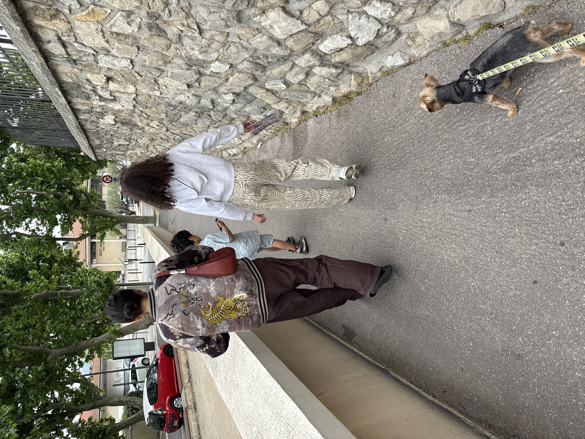 On a paved sidewalk in Rousset, France, a gray stone wall rises to the left. Three people walk away from the camera, accompanied by a small dog on a leash. The first person wears a jacket with an embroidered dragon and tiger, paired with brown pants. A red purse is slung over their shoulder. Next to them, a child holds a phone and wears a light blue shirt and gray shorts. The third person has curly hair and is wearing a gray sweatshirt and patterned pants. The dog is on a yellow leash and black harness, sniffing at the pavement. In the background, a red car is parked under green trees. A sign reads "SALLE CHEN" on a building across the street.