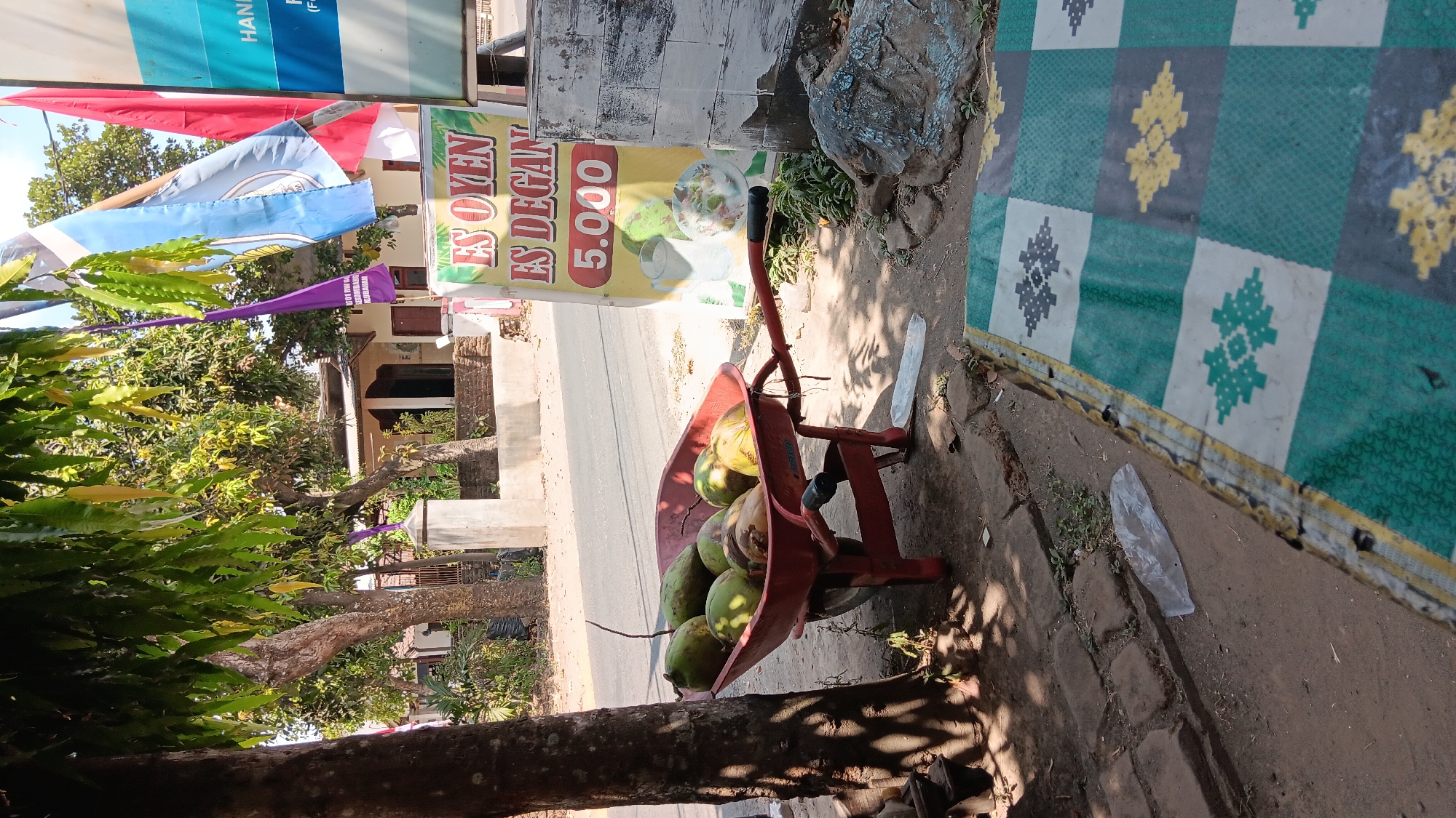 In Kelurahan, Indonesia, a red wheelbarrow filled with coconuts sits on a dirt path next to a tree with sparse leaves. Behind the wheelbarrow, a yellow sign advertises "ES OYEN ES DEGAN 5.000". In the background, houses and trees are visible under a bright sky. A patterned green and white mat is partially visible in the foreground. The scene is outdoors, likely on a street or roadside stall.