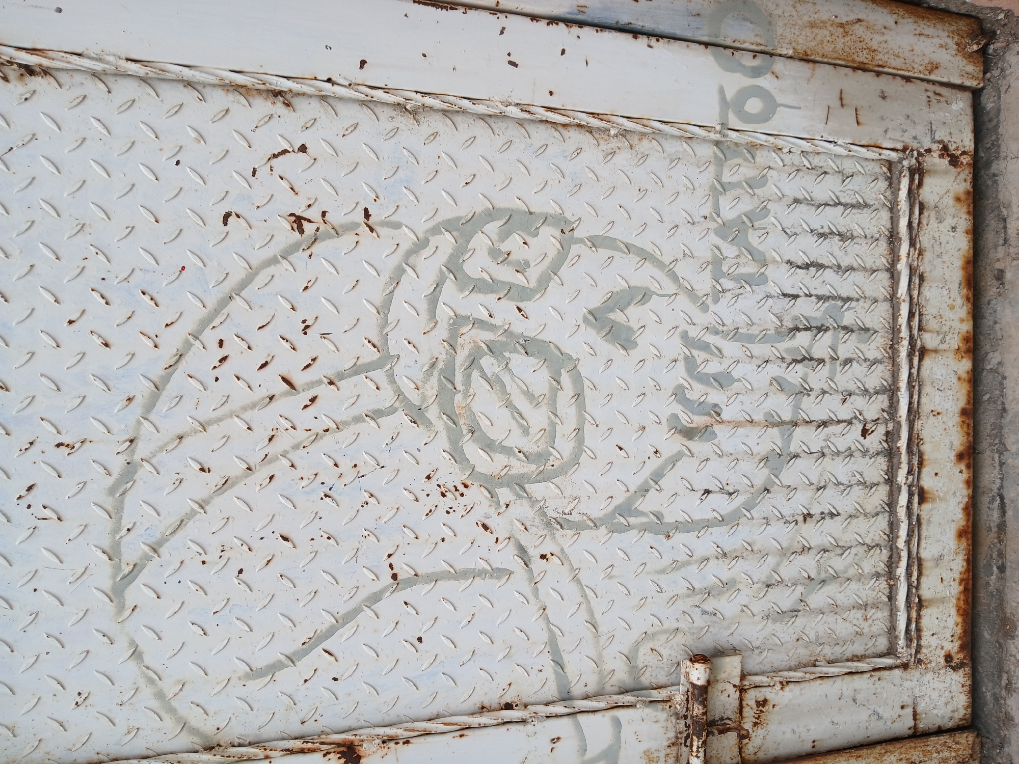 A close-up of a weathered, light-grey metal door with a diamond plate pattern. The door is bordered by a frame, both showing signs of rust. Faint, light-grey graffiti depicting a stylized lion's head covers the central part of the door. The scene is located in Juan Griego, Venezuela.