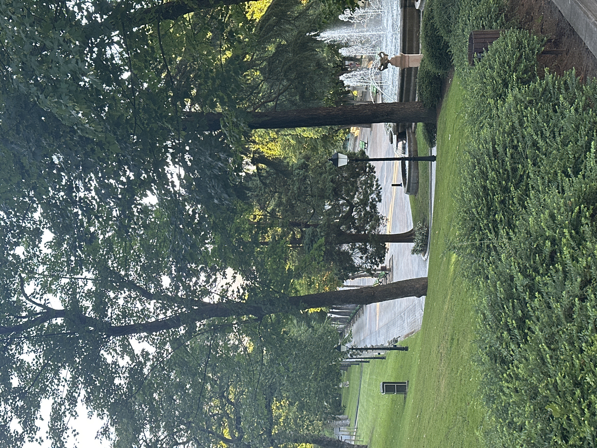 The image shows a pathway in a park, likely in Oviedo, Spain, with lush green grass and trees. The pathway is paved with grey and white tiles and is lined with lampposts. To the right of the pathway, a fountain is spraying water. Several green benches are visible along the pathway and near the fountain. A dark-colored trash can is located on the grass to the left of the pathway. The scene appears to be a public park or garden, with a focus on landscaping and recreational amenities. The time of day is likely late afternoon or early evening, as indicated by the soft lighting.