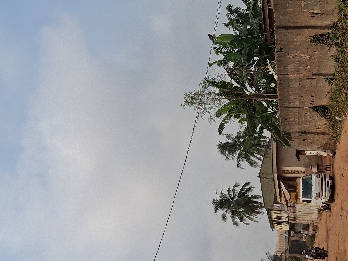 The image depicts a rural or semi-urban street scene in Egan, Nigeria, under an overcast sky with diffuse clouds. A reddish-brown unpaved dirt road dominates the foreground and extends into the midground.
**Subjects and Objects:**
* **Vehicles:** A white, compact utility van or small truck is parked on the right side of the road in the midground, facing slightly left. Its cargo bed is white. To the left, in the foreground, a dark-colored motorcycle with one rider is partially visible, oriented with its rear towards the viewer.
* **People:** One individual is visible on the motorcycle. A second individual is walking in the background on the left side of the road, near a building.
* **Buildings:** On the left, a multi-story building with yellow and darker sections and a dark roof is partially visible. Adjacent to it, a single-story light-colored building with a dark roof stands next to the dirt road. A small, dark stool or table is positioned near its entrance. On the right, a weathered concrete block wall, approximately 2-2.5 meters high, runs parallel to the road, with vegetation (vines/creepers) growing at its base.
* **Vegetation:** Multiple large palm trees with distinct fronds are scattered across the midground. A dense cluster of large-leafed banana or plantain trees is prominent behind the concrete wall and near the central light-colored building.
* **Infrastructure:** A single dark utility wire spans horizontally across the upper mid-section of the image.
**Actions and Interactions:**
The utility van is stationary. The motorcycle with its rider appears to be either stationary or in slow motion. The pedestrian is walking. The scene appears calm and devoid of immediate active interactions between the visible individuals.