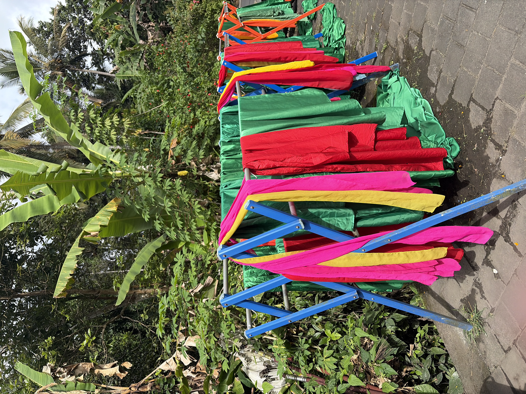 In Tegallalang, Indonesia, brightly colored fabrics are hung on a blue drying rack in a lush, tropical environment. The fabrics, predominantly green, red, yellow, and pink, are draped and folded, some pooling on the ground. Behind the drying rack, dense green foliage, including large banana leaves and other tropical plants, forms a thick backdrop. Further in the distance, palm trees are visible against a bright sky. The ground beneath the rack is paved with interlocking grey bricks, with patches of dampness and scattered debris. The scene appears to be outdoors, likely in a rural or semi-rural area, given the natural setting.