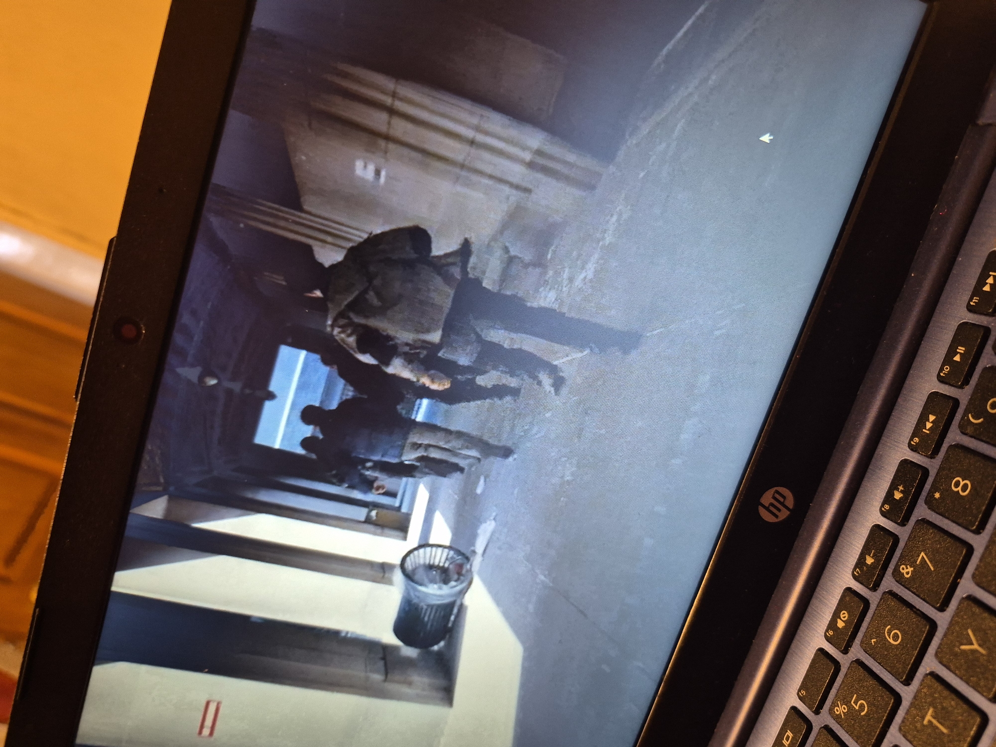 The image shows a laptop screen displaying a scene of a group of people walking down a hallway or corridor. A trash can is overturned on the ground, with debris scattered around it. The people appear to be wearing casual clothing and are walking away from the camera. The environment looks urban, with concrete walls and pillars. There is a cursor visible on the screen. The HP logo is visible on the laptop bezel. There is no visible information that indicates the location within the city of Sandwell, United Kingdom.