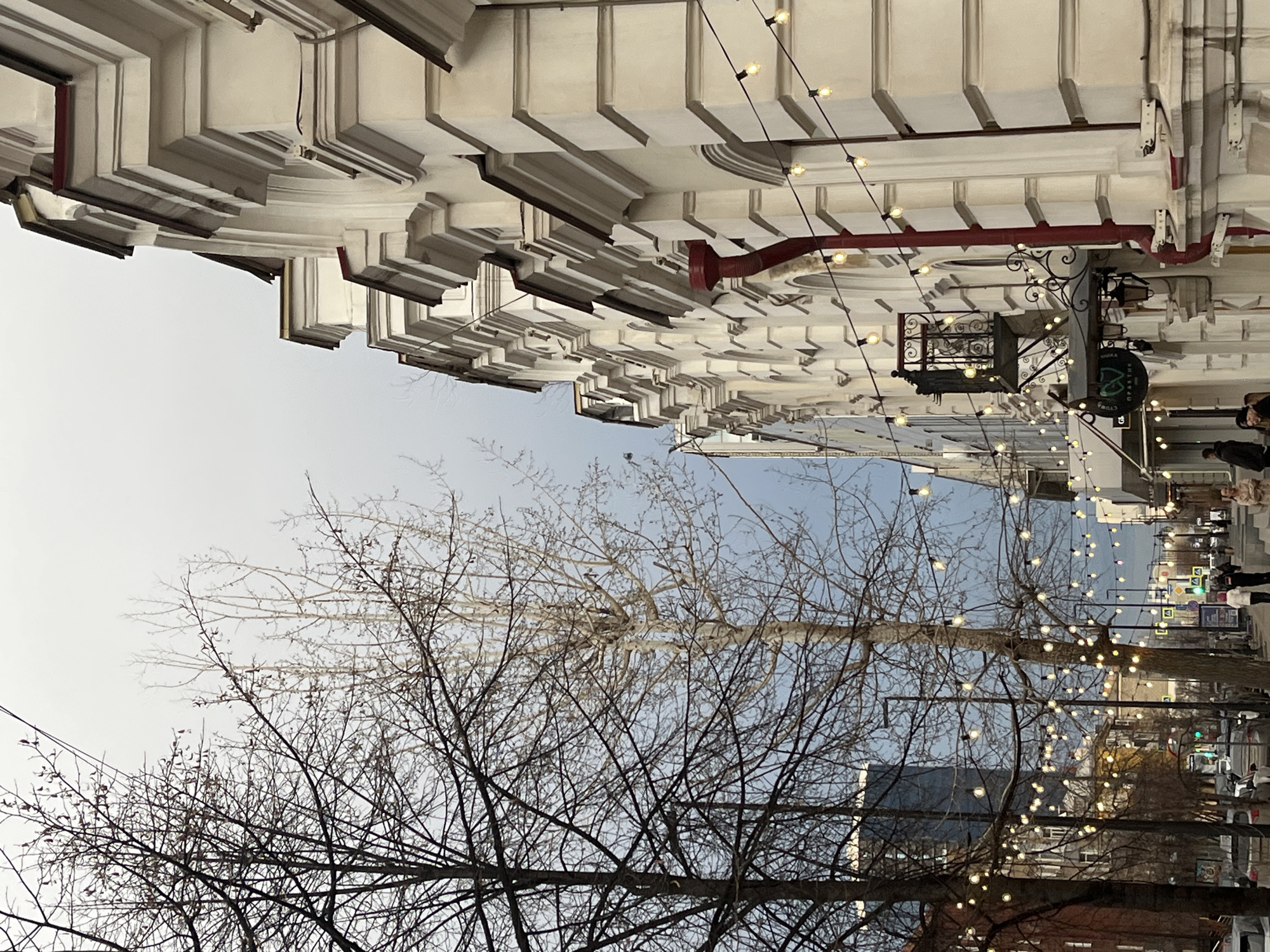 An outdoor scene depicts a city street or pedestrian area, observed from a low angle looking upwards. The right side of the image is dominated by ornate, light-colored buildings with intricate architectural details such as cornices, moldings, and recessed panels. A red pipe or gutter runs along one of the building facades. Decorative strings of warm-toned lights are strung across the scene, some hanging near the buildings, others weaving through the bare branches of trees. A wrought-iron sign or balcony adorned with scrollwork hangs from one of the buildings.
On the left side, several deciduous trees stand with intricate networks of bare branches, suggesting winter. Some of the thinner branches appear to be covered in frost or ice. The sky above is a pale, uniform blue-grey, indicating an overcast day or twilight. In the background, further down the street, indistinct figures of people can be seen walking, and a street lamp along with what might be traffic lights are visible.
The scene captures a calm moment, possibly late afternoon or early evening, given the activation of the decorative lights. The cold weather is evident from the bare, possibly frosted trees.
On the circular sign hanging from one of the buildings, text written in Cyrillic script is visible. It includes the words "ОБЕДЫ" (Lunches/Dinners) and "СТОЛОВАЯ" (Cafeteria/Canteen), along with a stylized "23".