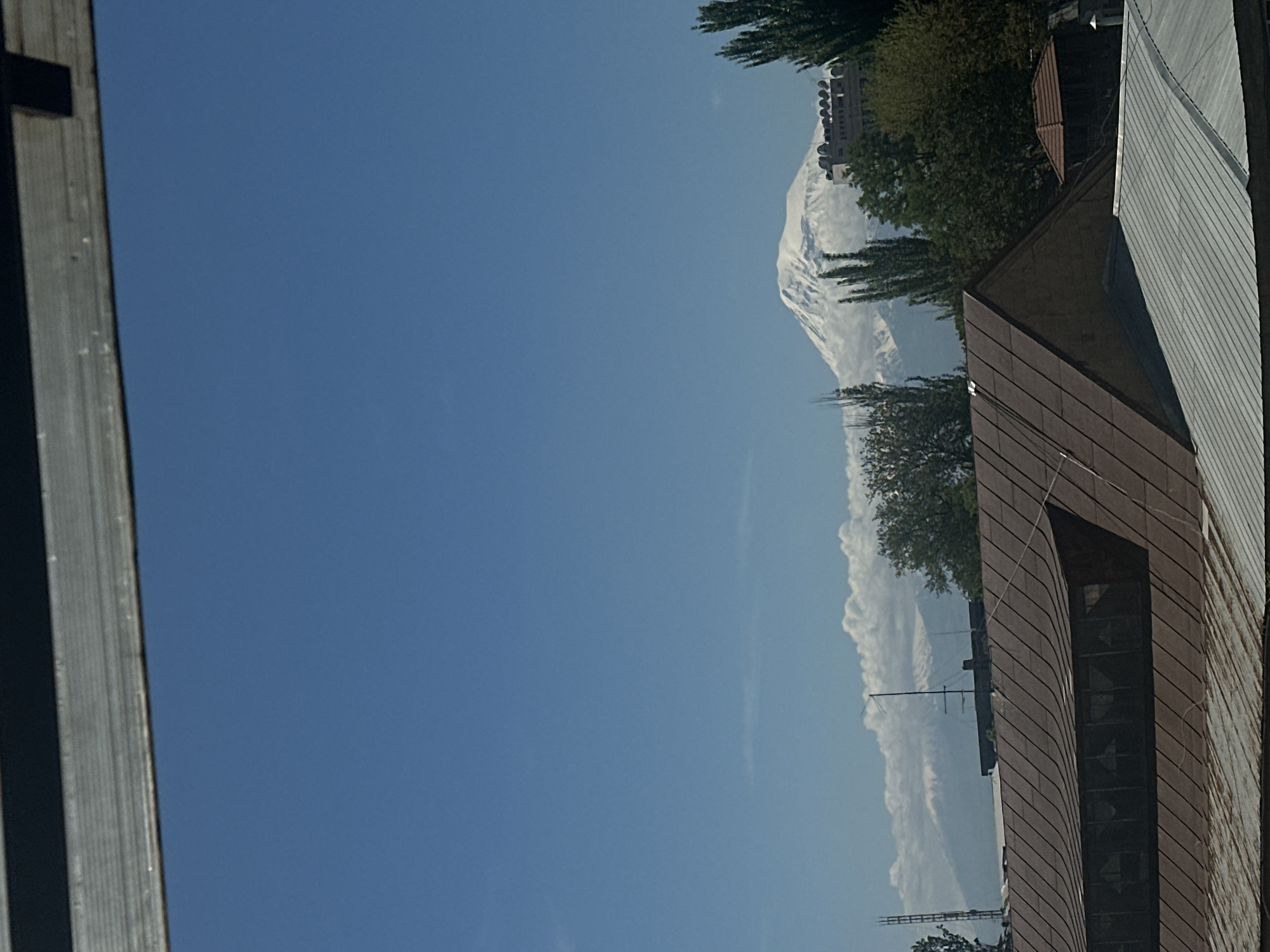 A partial view of Mount Ararat, a snow-covered mountain, is seen against a clear blue sky from a window in Yerevan, Armenia. Trees are in the mid-ground and buildings with brown paneled facades are prominent to the right. The corner of a window frame is visible on the left.