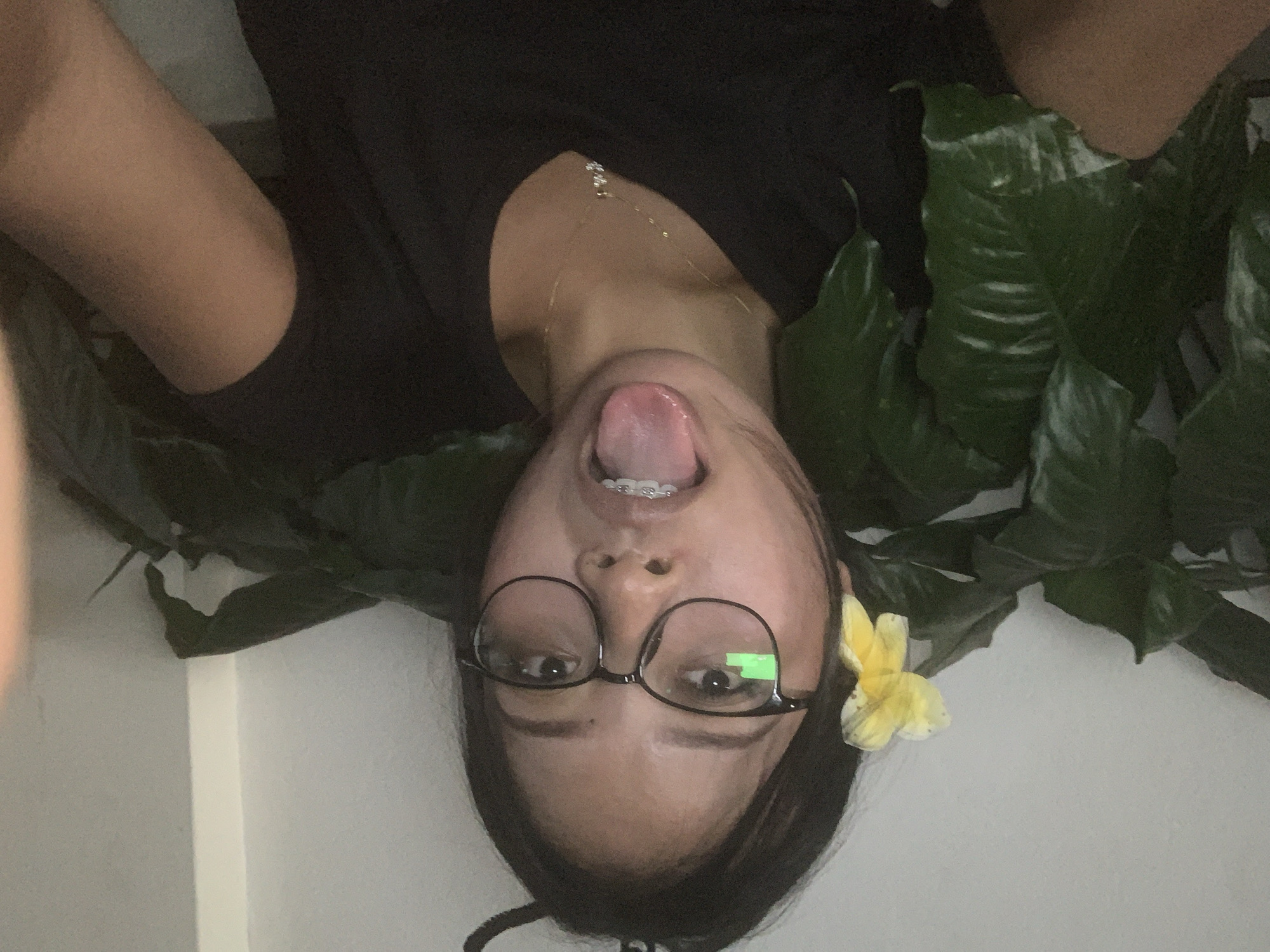 A young person is depicted in a playful, upside-down portrait, sticking their tongue out. They have dark hair and are wearing round, dark-framed glasses, with a noticeable green reflection on the right lens. Braces are visible on their upper teeth, and a delicate gold chain necklace adorns their neck. They are wearing a dark-colored top.
Surrounding the person's head and upper body are lush, dark green leaves, suggesting they are either lying amidst plants or have foliage arranged around them. A vibrant yellow flower is tucked behind their right ear, adding a decorative touch. The background consists of a plain white wall or surface, visible on either side of the person.
The overall mood is lighthearted and fun, indicated by the playful expression. The image appears to be taken indoors or in a semi-enclosed setting with indirect lighting. Given the location context of Ubud District, Indonesia, the tropical appearance of the plants and flower aligns with the region's flora. There is no visible text in the image.
