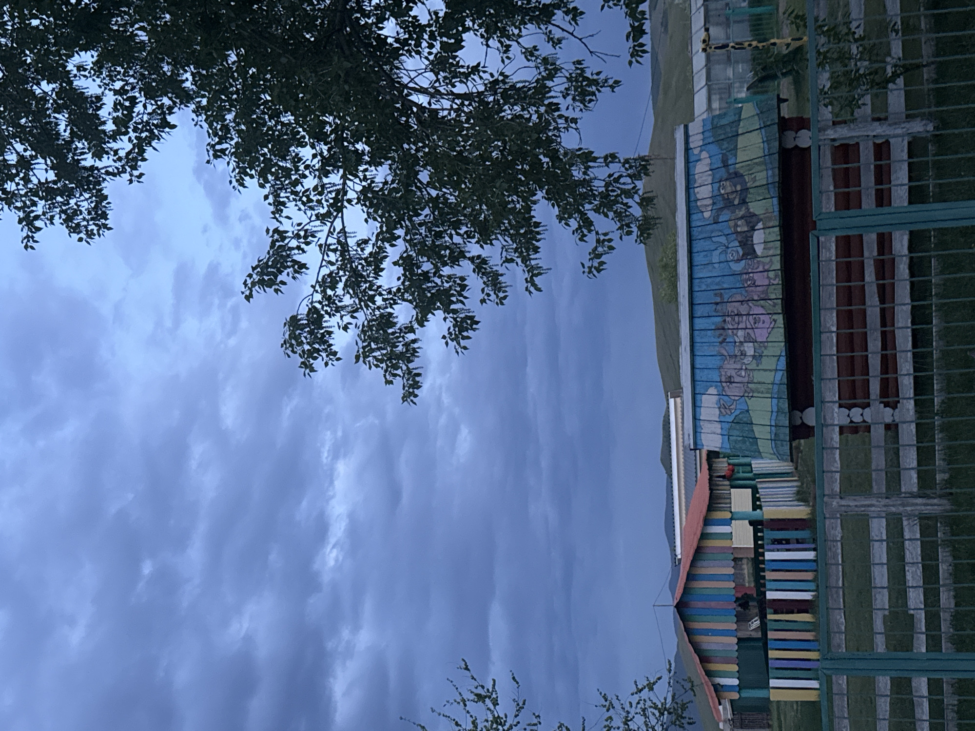 The image shows a section of the village of Нижний Бургалтай in Russia. A stand of trees dominates the upper left quadrant, partially obscuring a cloudy, blue-toned sky. The right side of the image features a fence and the side of a structure adorned with colorful, horizontal planks. A mural with cartoon-like characters is visible on one section of the building. In the background, a mountain range is faintly discernible.