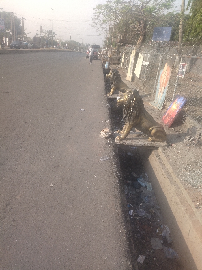 The image depicts a street scene in New Karu, Nigeria, located at coordinates 8.998 latitude, 7.571 longitude. There are three golden lion statues positioned on the edge of a drainage ditch, which is filled with debris. The statues are positioned along a paved road with a small sidewalk beside it. The road is empty of vehicles, though there are three people visible in the distance walking down the road. The image is taken from a low angle and appears to be looking down the road. There is a chain-link fence in the background, and several paintings or posters are hanging on the fence. The environment is dusty and dry. The scene suggests a combination of urban and rural settings.